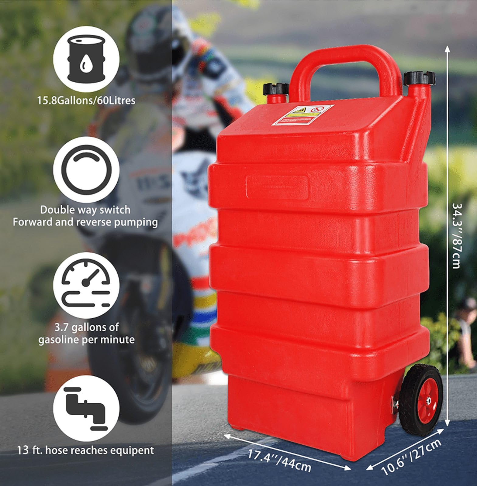 16 Gallon Portable Fuel Caddy Tank with Electric Pump - 3.7 GPM Flow Rate, Wheels & 6.6ft Hose - Heavy Duty Gasoline/Diesel Transfer Container for Trucks, Tractors, Generators - Ideal for Farm, Construction & Emergency Fuel Storage