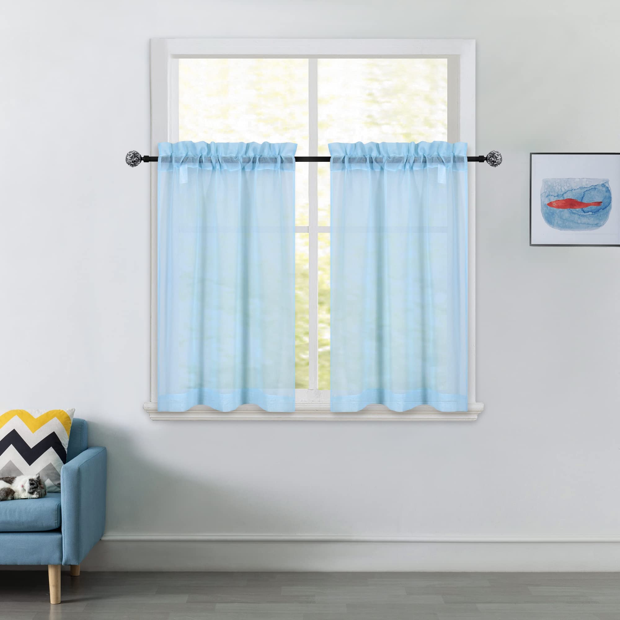Baby Blue Short Sheer Kitchen Curtains 36 Inch - Semi-Sheer Tier Cafe Curtains with Rod Pocket, Linen Look Window Drapes for Privacy - Perfect for Basement, Bathroom & Small Windows (34x36 Inches) - Ideal for Kitchens, Breakfast Nooks & Cozy Home Decor