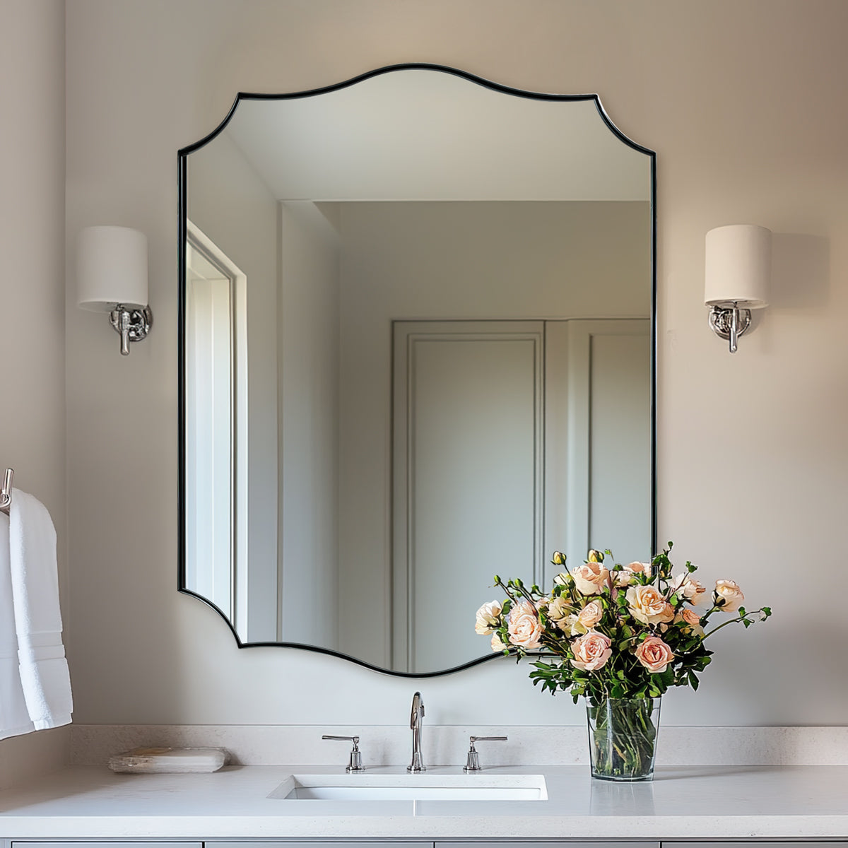 Contemporary Scalloped Rectangle Wall Mirror with Stainless Steel Frame - Elegant Home Decor for Living Room, Bedroom & Entryway
