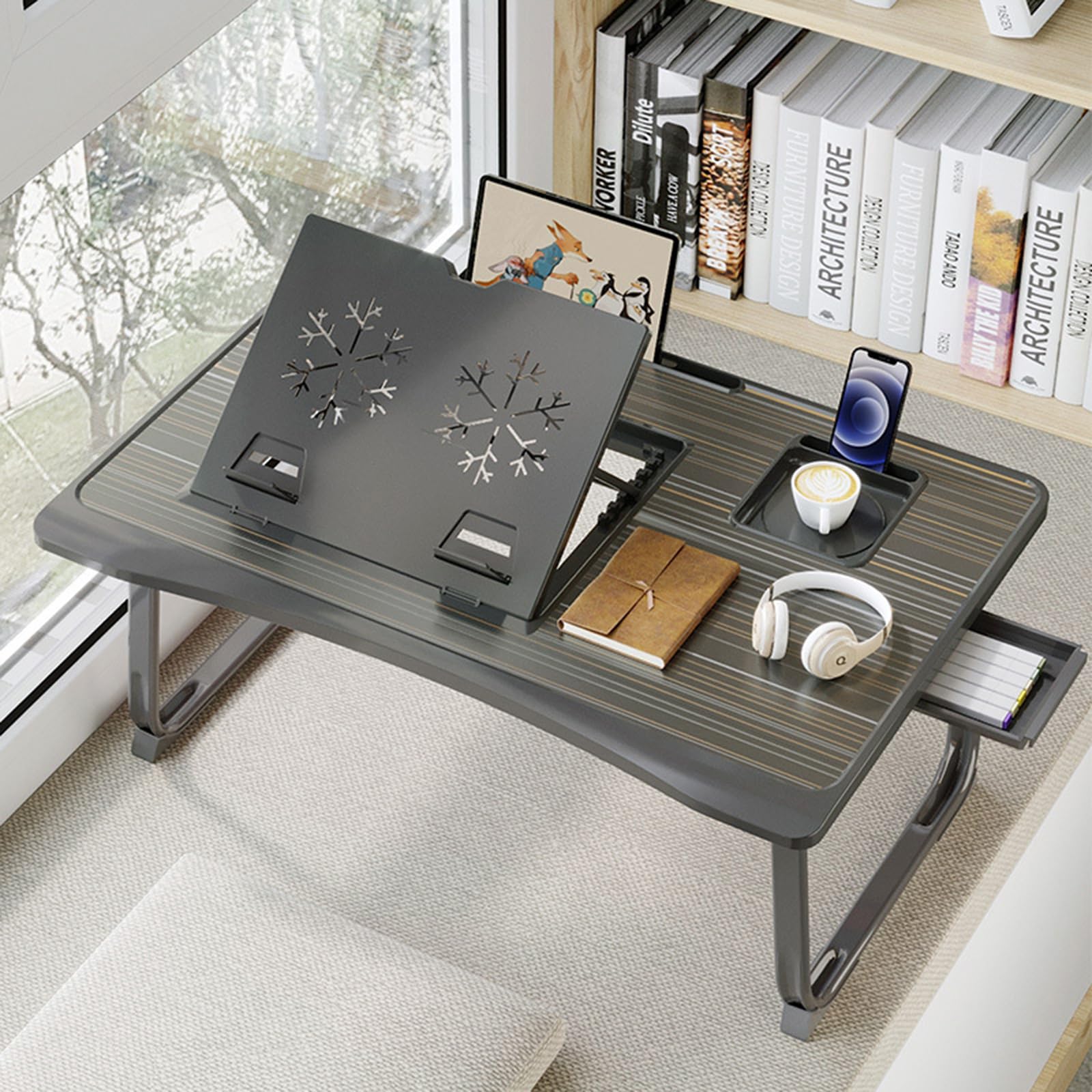 Adjustable Laptop Stand for Bed - 6 Angle Portable Lap Desk with Storage Drawer & Cup Holder - Lightweight Laptop Tray Table for Working, Eating, Writing & Reading in Bed - Perfect for Home Office, Dorm Room & Cozy Workspaces (Black)
