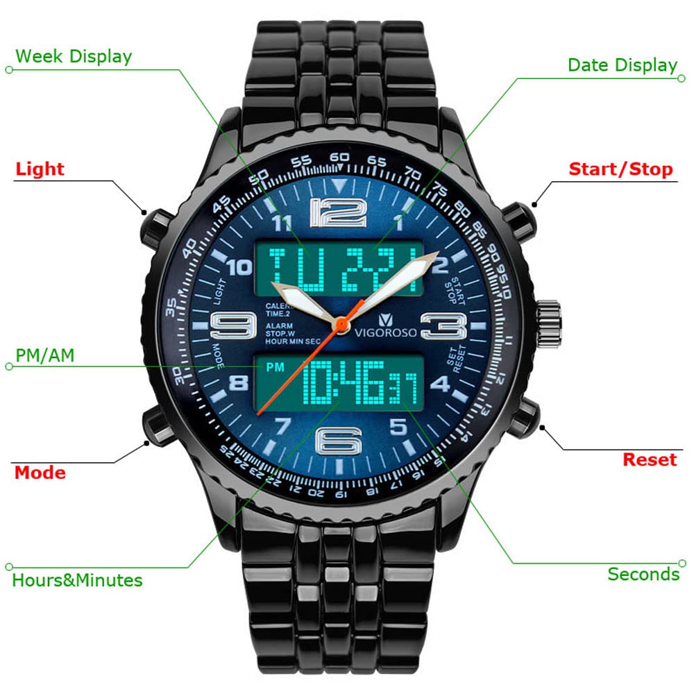 VIGOROSO Men's LED Analog Digital Sports Watch with Date & Week Display - Durable Black Steel Strap for Running, Gym & Outdoor Activities