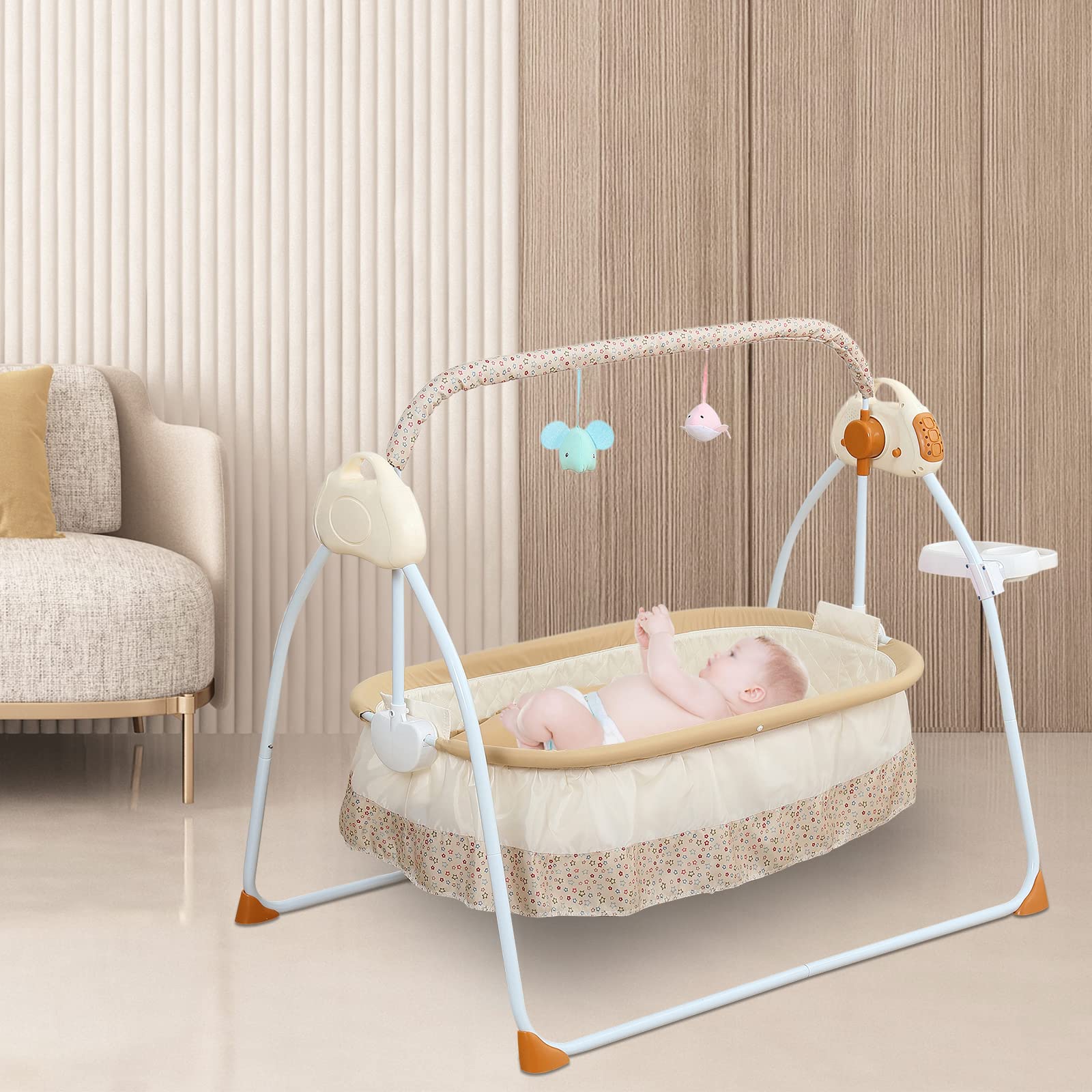 Portable Baby Swing for Infants to Toddlers - Foldable Electric Baby Rocker with Remote Control, 5 Adjustable Swing Speeds, Music & Timer - Perfect for Nursery, Travel & Soothing Fussy Babies (Khaki Stand)