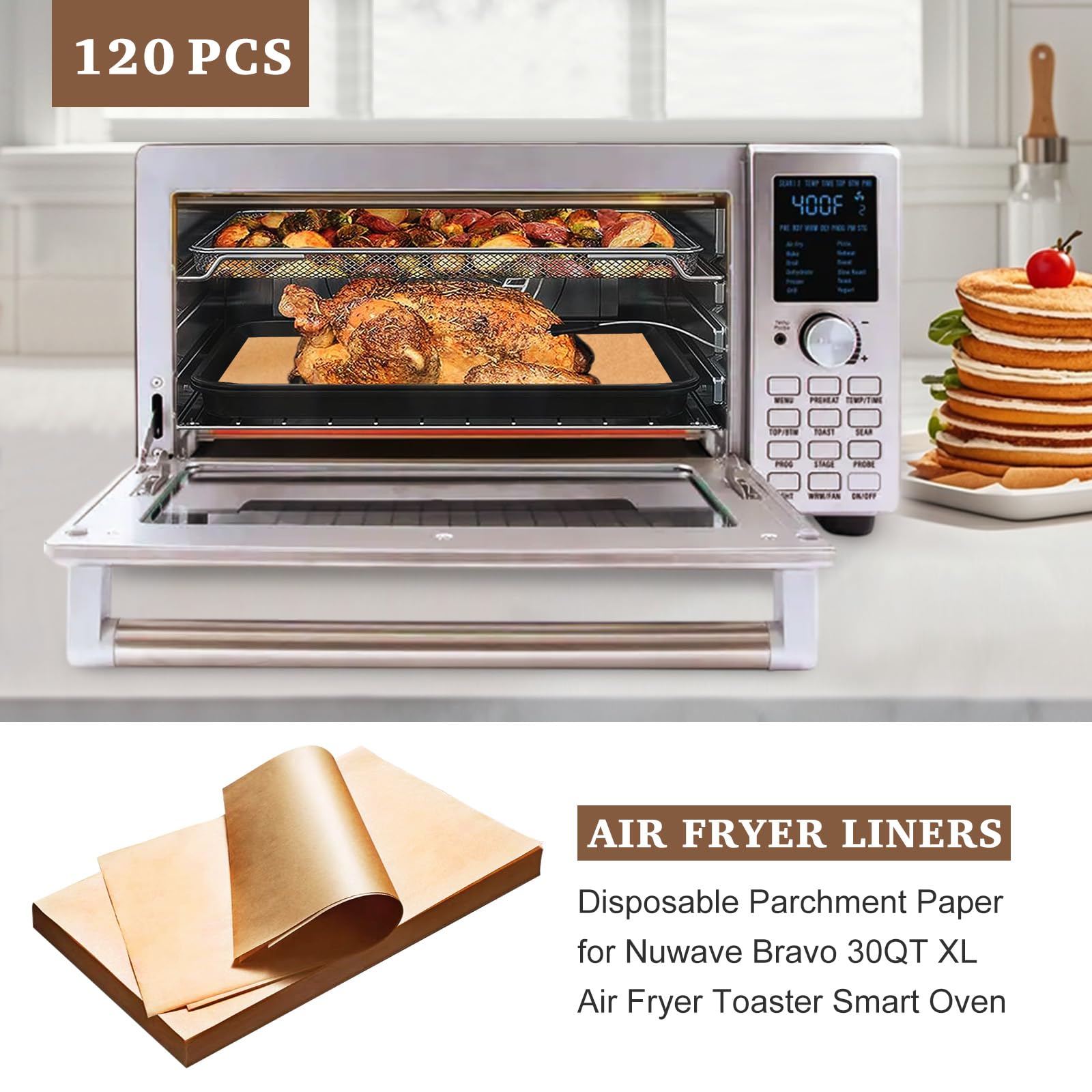 Disposable Air Fryer Liners Parchment Sheets - Compatible with Nuwave Bravo XL, 12-in-1 30qt Smart Oven & Toaster Oven - Non-Stick Baking Accessories for Healthy Cooking, Roasting & Reheating Food