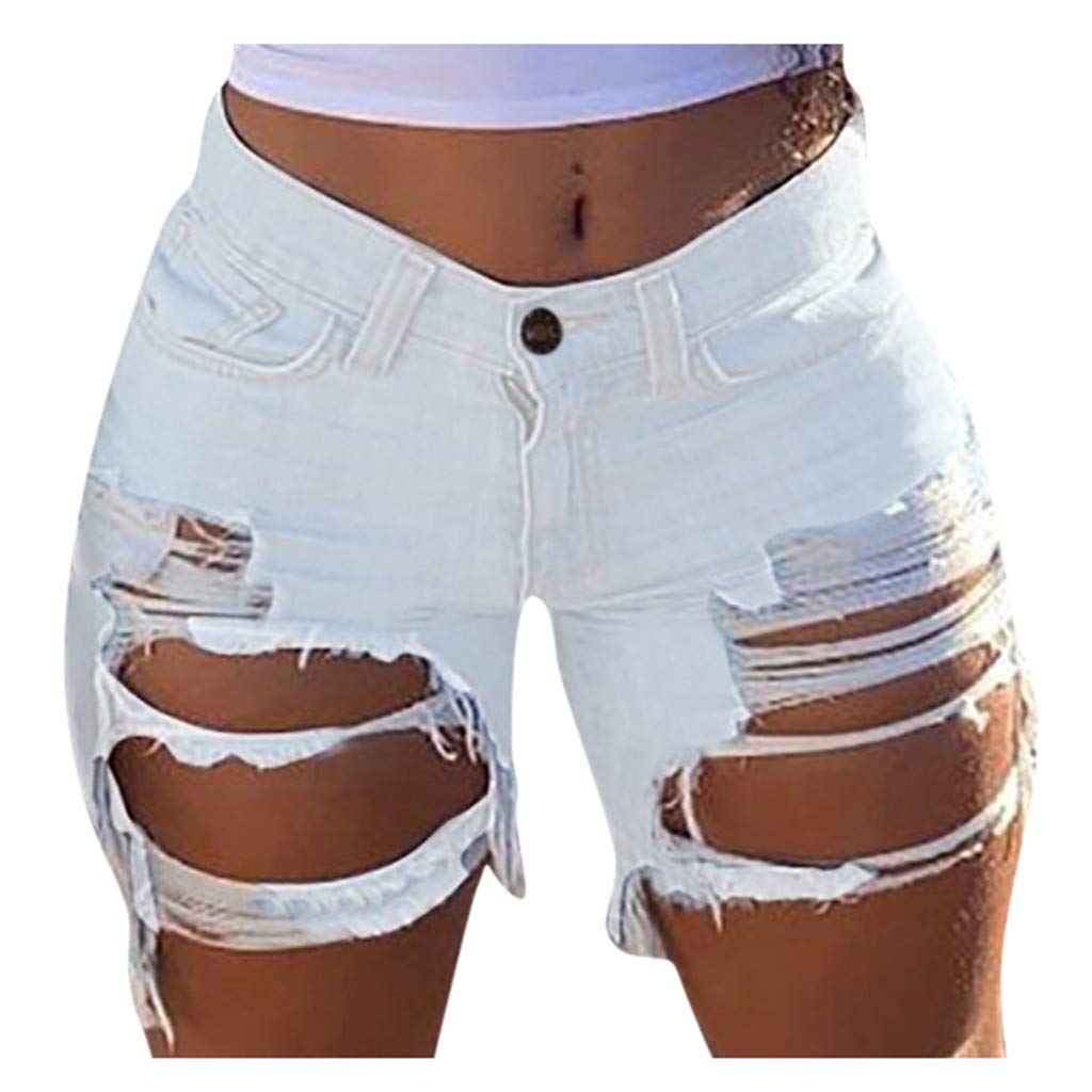 Women's Distressed Denim Shorts with Frayed Raw Hem & Ripped Details - Stylish High Waisted Jean Shorts for Summer, Beach, and Casual Outings