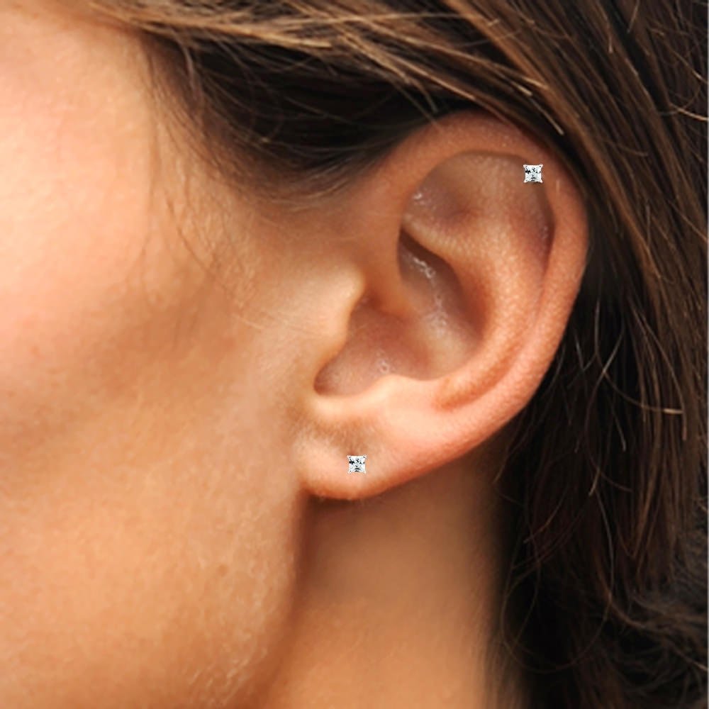 Sterling Silver 2mm Princess Cut Cubic Zirconia Cartilage Stud Earrings Set for Women & Men - Perfect for Helix, Tragus, and Conch Piercings