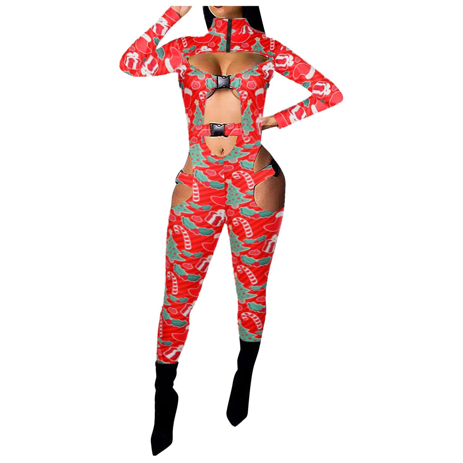 Women's Red Long-Sleeved Gym Workout Jumpsuit - One-Piece Shapewear for Fitness, Outdoor & Christmas Activities - Size M - Perfect for Yoga, Running & Holiday Parties