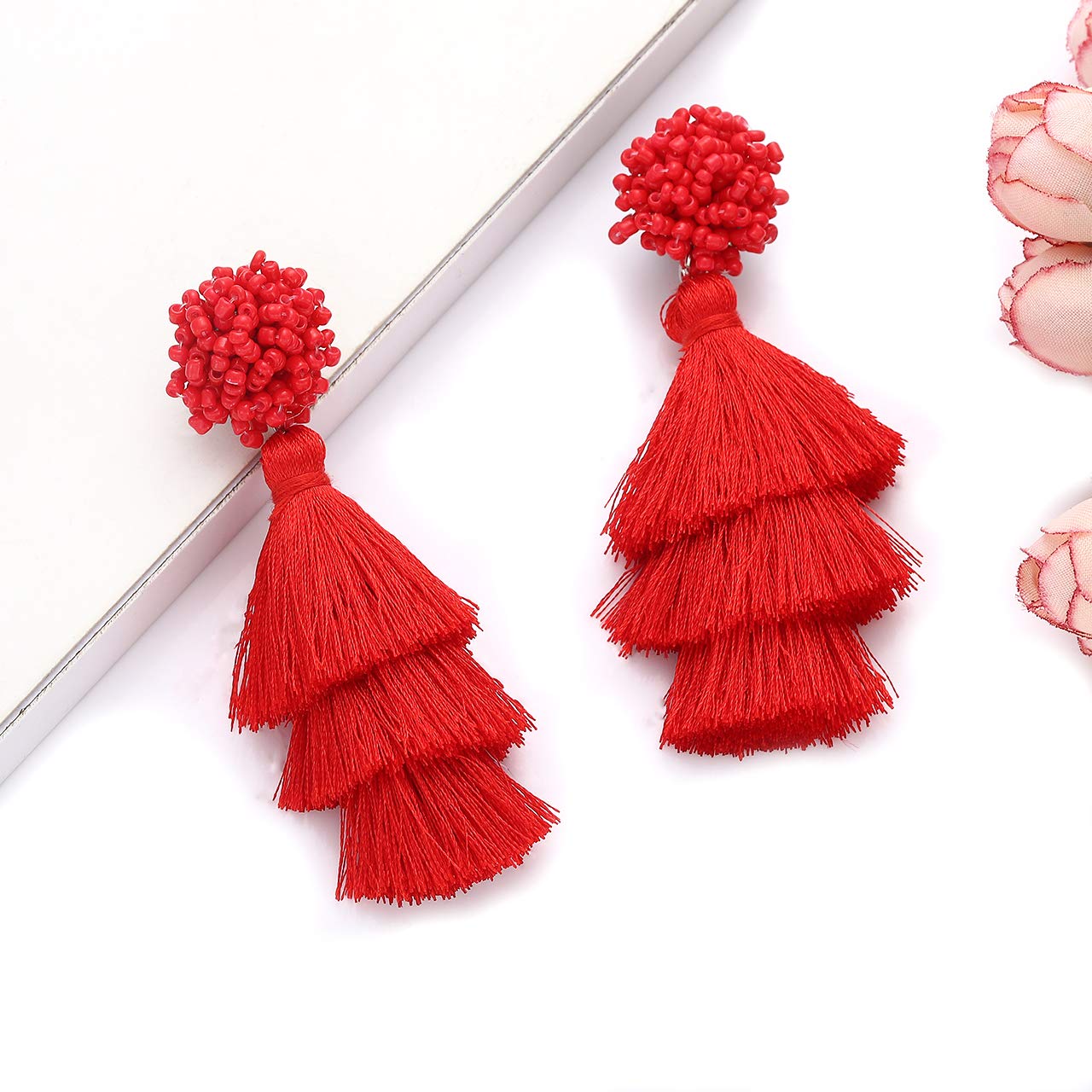 Bohemian Layered Tassel Earrings for Women - Lightweight Colorful Beaded Drop Dangle Earrings with Long Fringe Threads - Perfect Statement Jewelry Gift for Parties, Weddings and Everyday Wear