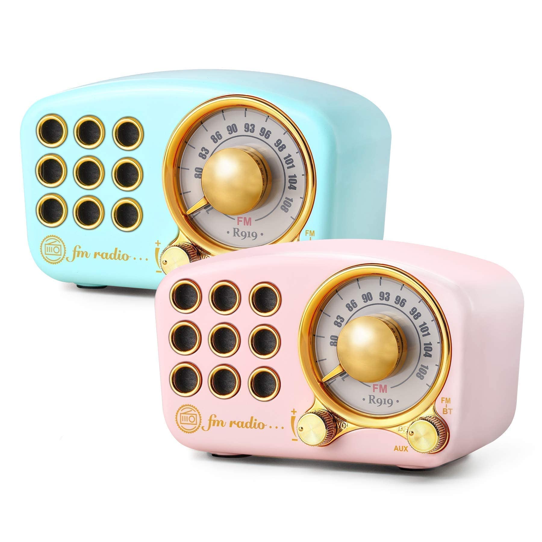 Vintage Bluetooth Speaker with FM Radio - Retro Wireless Speaker with Strong Bass, Loud Volume, Bluetooth 4.2, TF Card & MP3 Player (Blue/Pink) - Perfect for Home Decor, Outdoor Picnics & Vintage Lovers