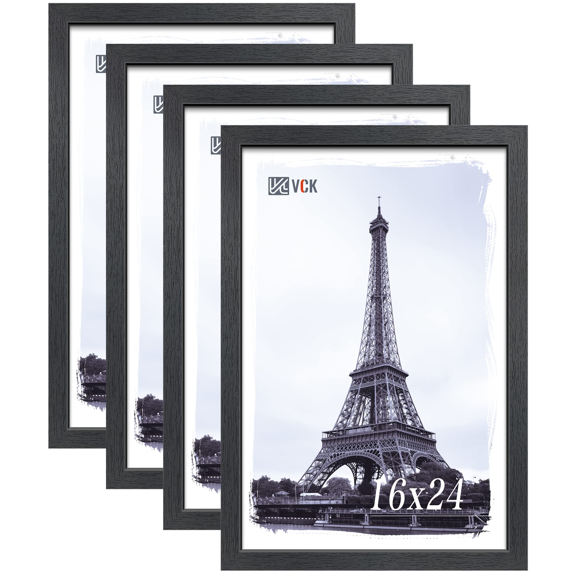 VCK 16x24 Inch Solid Wood Poster Frames for Wall - Black Picture Frames with Premium Woodgrain Texture - Set of 4 - Perfect for Home Decor, Office Art Display & Photo Gallery Wall