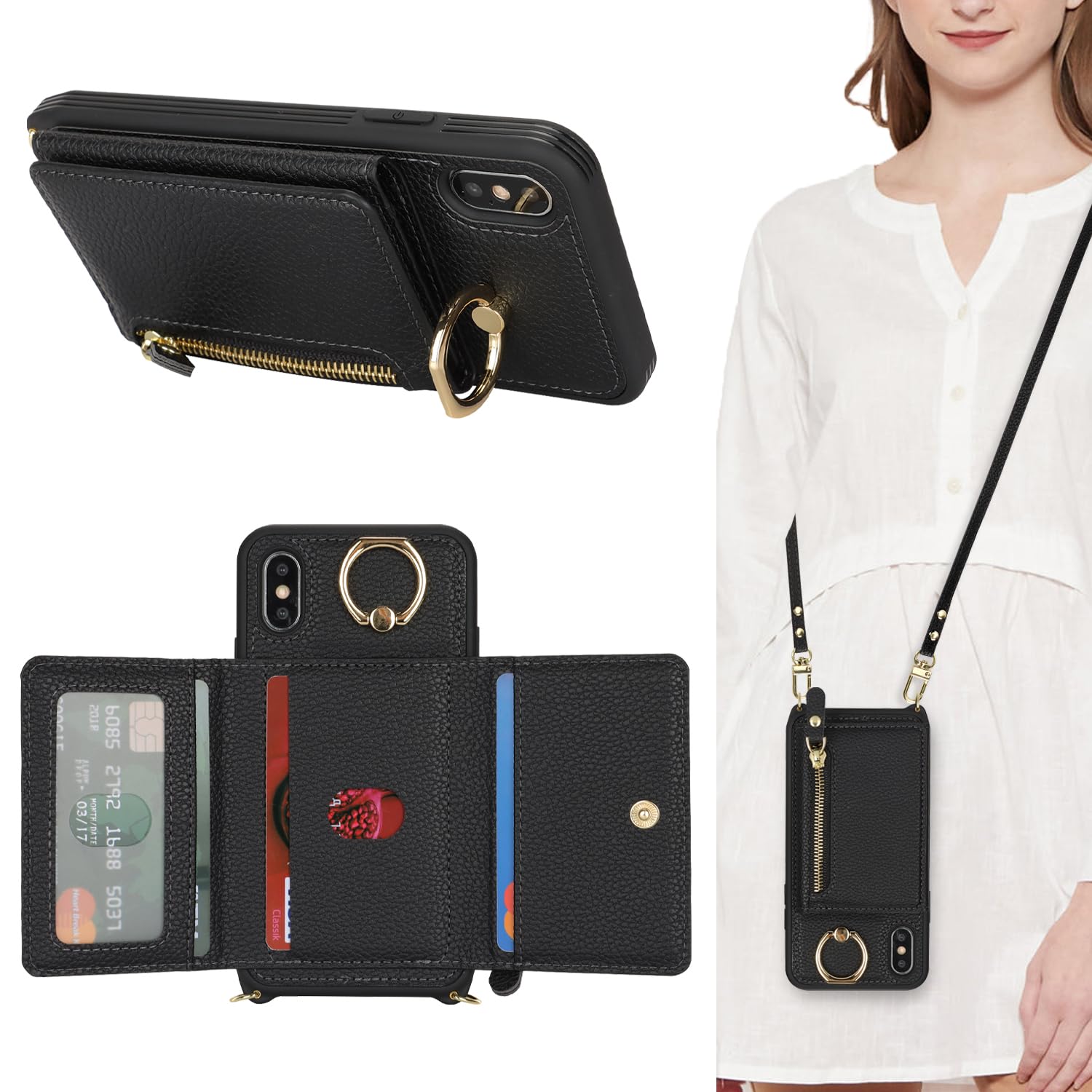 Premium PU Leather iPhone X/Xs Wallet Case with Card Holder, Crossbody Strap & Stand Ring - Secure Zipper Pocket for Cards & Cash - Stylish & Functional Phone Case for Women - Perfect for Travel, Shopping & Daily Use (Black)