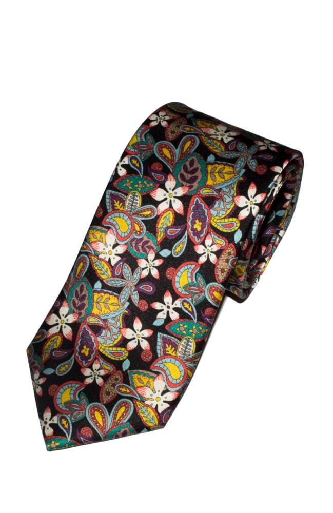 LA Smith Flowers Lemon Black Pure Silk Tie - Luxury Liberty Fabric Necktie for Men | Perfect for Weddings, Business Meetings & Formal Events