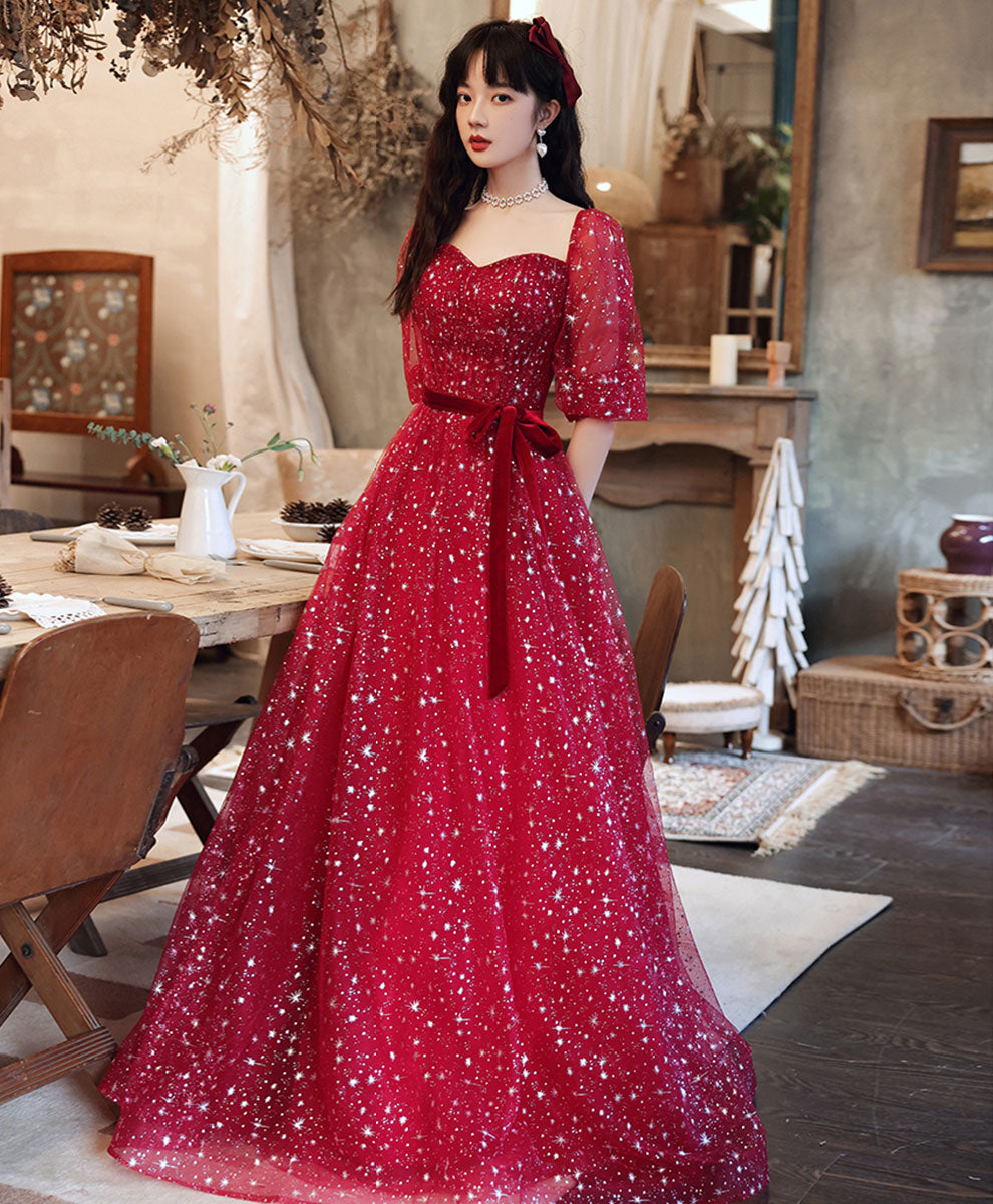 Elegant Red A-Line Tulle Long Prom Dress for Women - Formal Graduation Gown with Flowy Skirt - Perfect for Prom Night, Homecoming, and Special Occasions