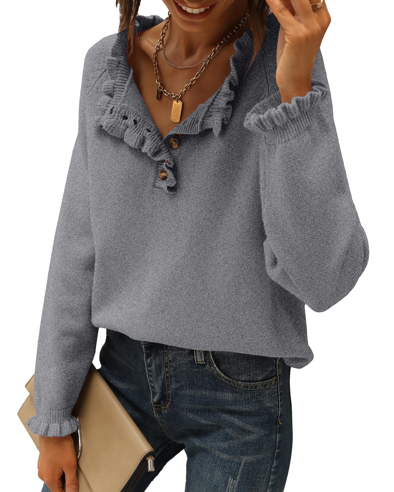 BTFBM Women's Knit Sweater Long Sleeve Button Down Ruffle Crew Neck Pullover Top for Fall Winter 2025 | Casual Office Wear & Cozy Home Outfit