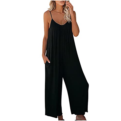 FAVIPT 2022 Women's Casual Summer Overalls - Spaghetti Strap Wide Leg Romper Jumpsuit, Loose Fit Bohemian Bib Pants for Outdoor, Travel & Beach Wear