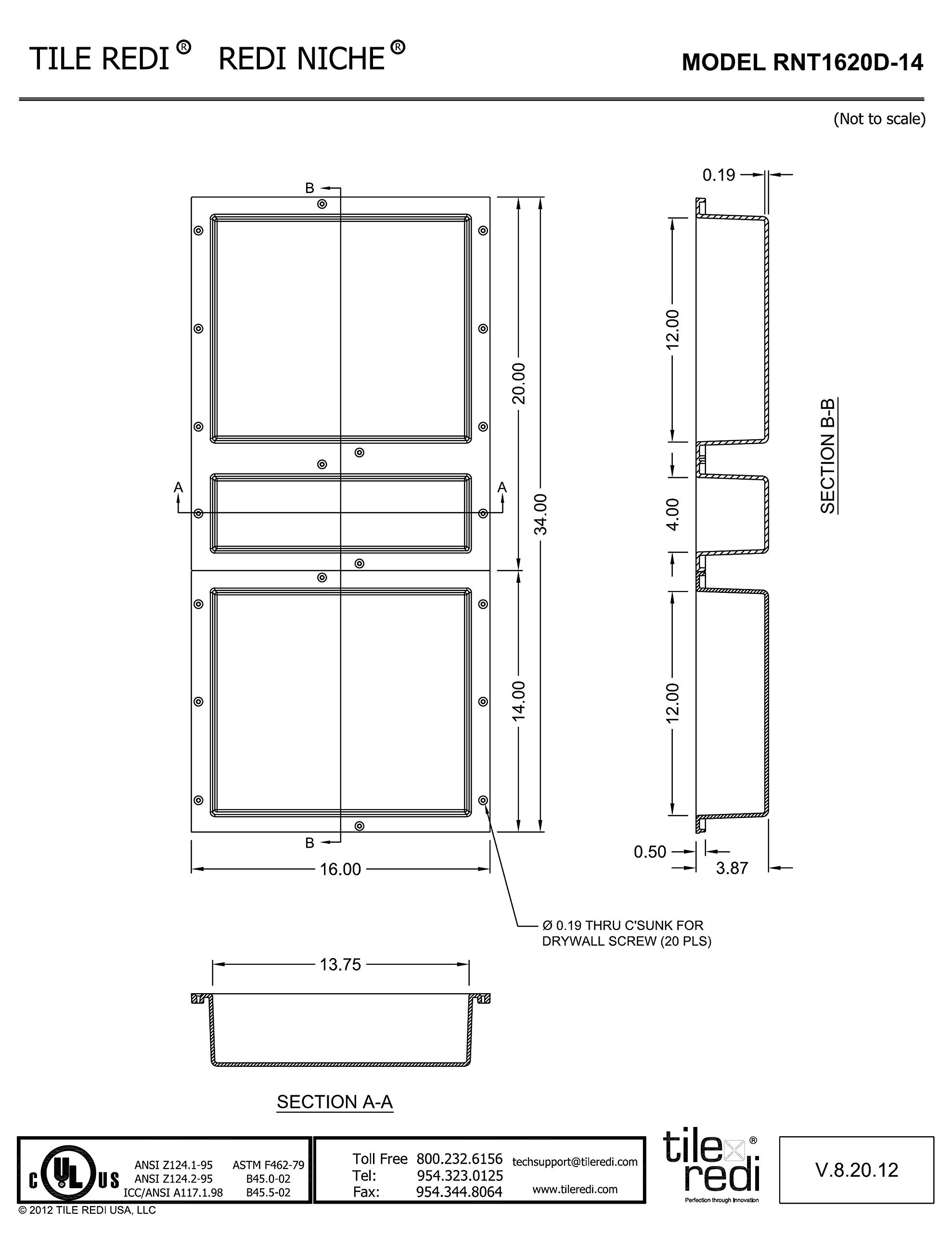 Tile Redi USA RNT1620D-14 Triple Recessed Shower Shelf - 3 Shelves, 34