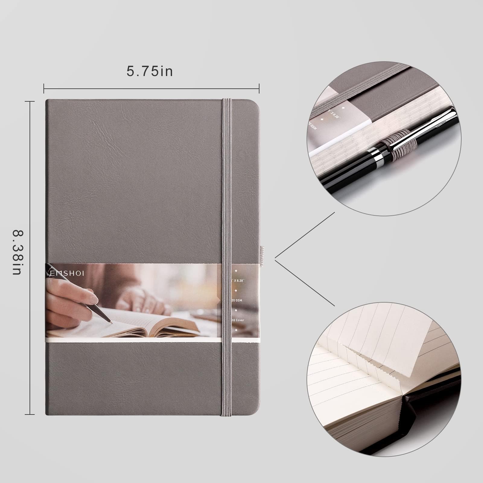 EMSHOI Premium Lined Journal Notebook - 120gsm Thick Leather Hardcover, 256 Numbered Pages A5 (5.75