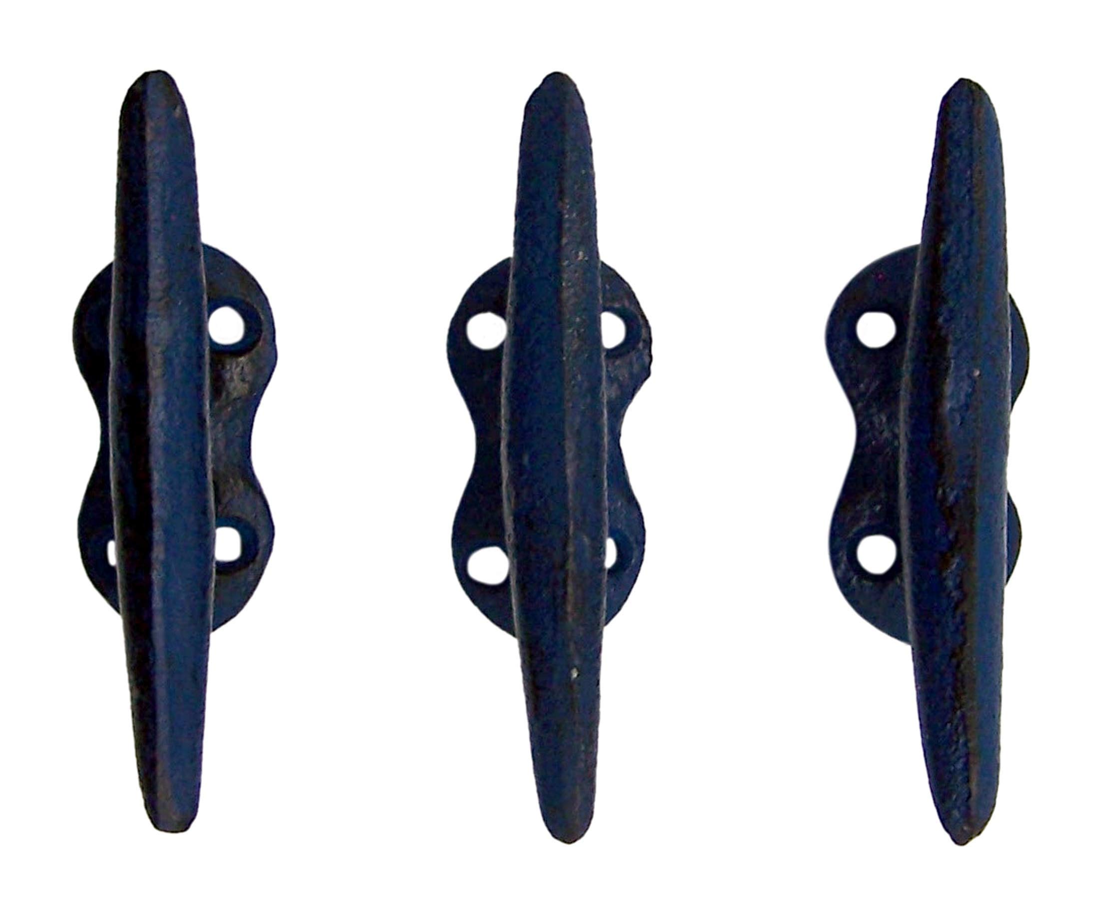 Nautical Blue Cast Iron Boat Cleat Wall Hooks - 3.5 Inch Heavy Duty Rustic Decor (Set of 3) - Perfect for Marine Themed Home, Boat Cabin, and Coastal Style Decor