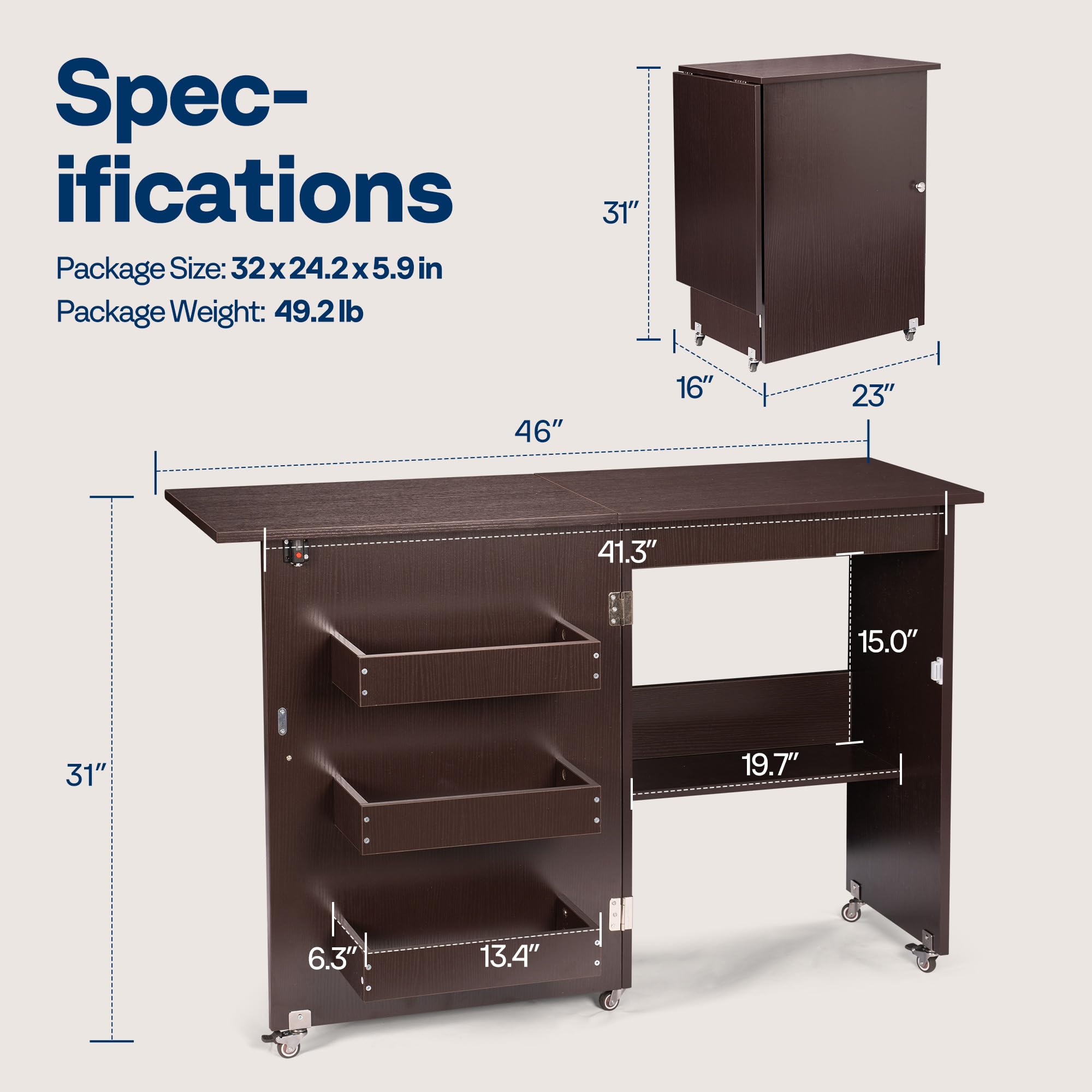 VIVOHOME Folding Sewing Craft Table with Storage Shelves & Lift - Rolling Sewing Machine Desk for Small Spaces, Dark Brown - Perfect for Quilting, DIY Projects & Home Crafting