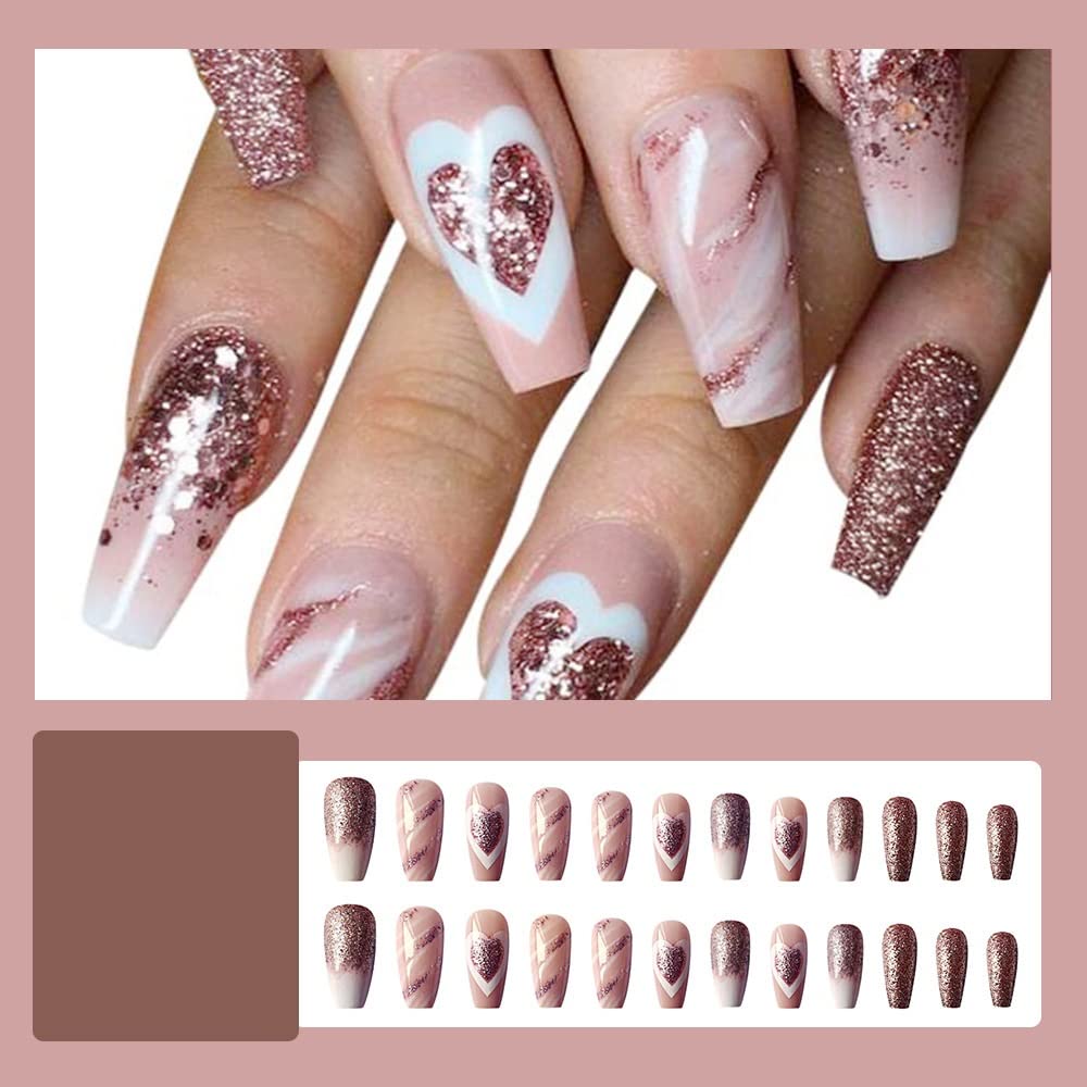 Premium Light Pink Glitter Heart Artificial Nails Set - 24pcs Reusable Press-on Nails with Glossy Finish & Luxury Design | Perfect for Parties, Weddings, Date Nights & Special Occasions