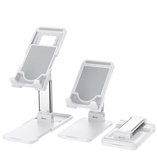 Adjustable Phone Stand for Desk - Foldable Portable Cell Phone & Tablet Holder with Angle & Height Control - Perfect for Office, Home, or Travel (White)