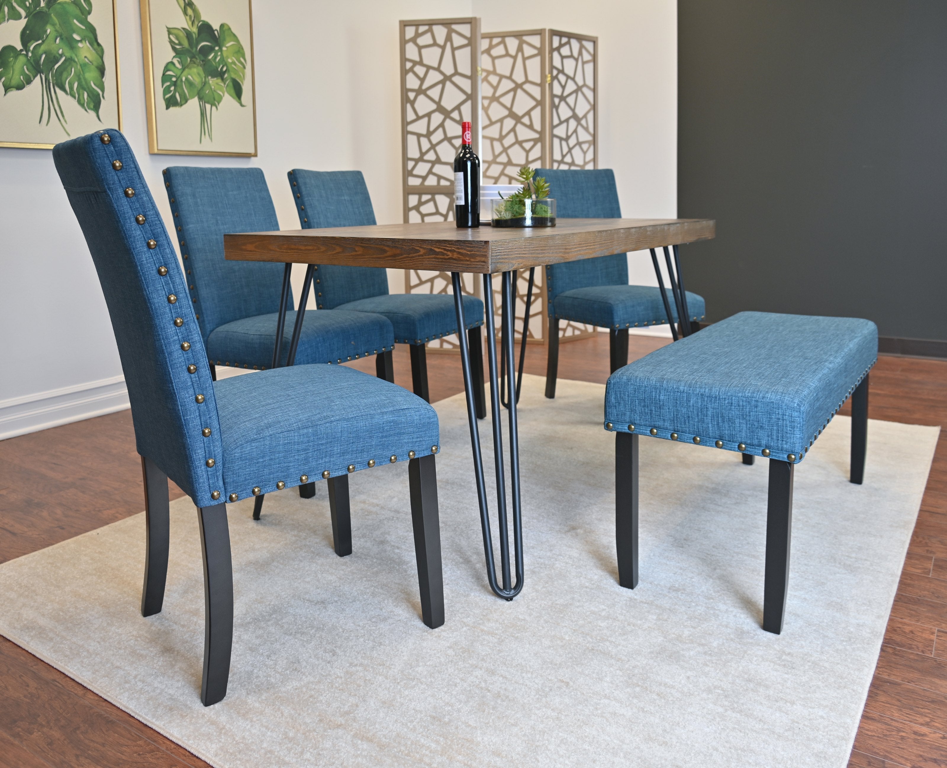 Roundhill Furniture Amisos 6-Piece Dining Set with Hairpin Leg Table, 4 Chairs & Upholstered Bench - Modern Kitchen & Dining Room Furniture for Family Gatherings