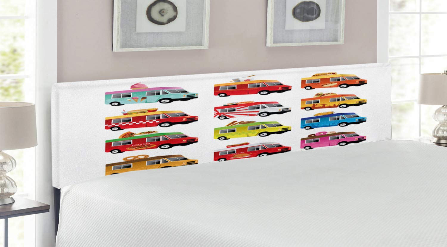Ambesonne King Size Upholstered Truck Headboard with Memory Foam - Colorful Food Truck Illustration Featuring Ice Cream, Donuts, Burgers, Pizza, Sushi & Hotdogs - Decorative Metal Bed Headboard for Kids Room, Teen Bedroom or Dorm Decor