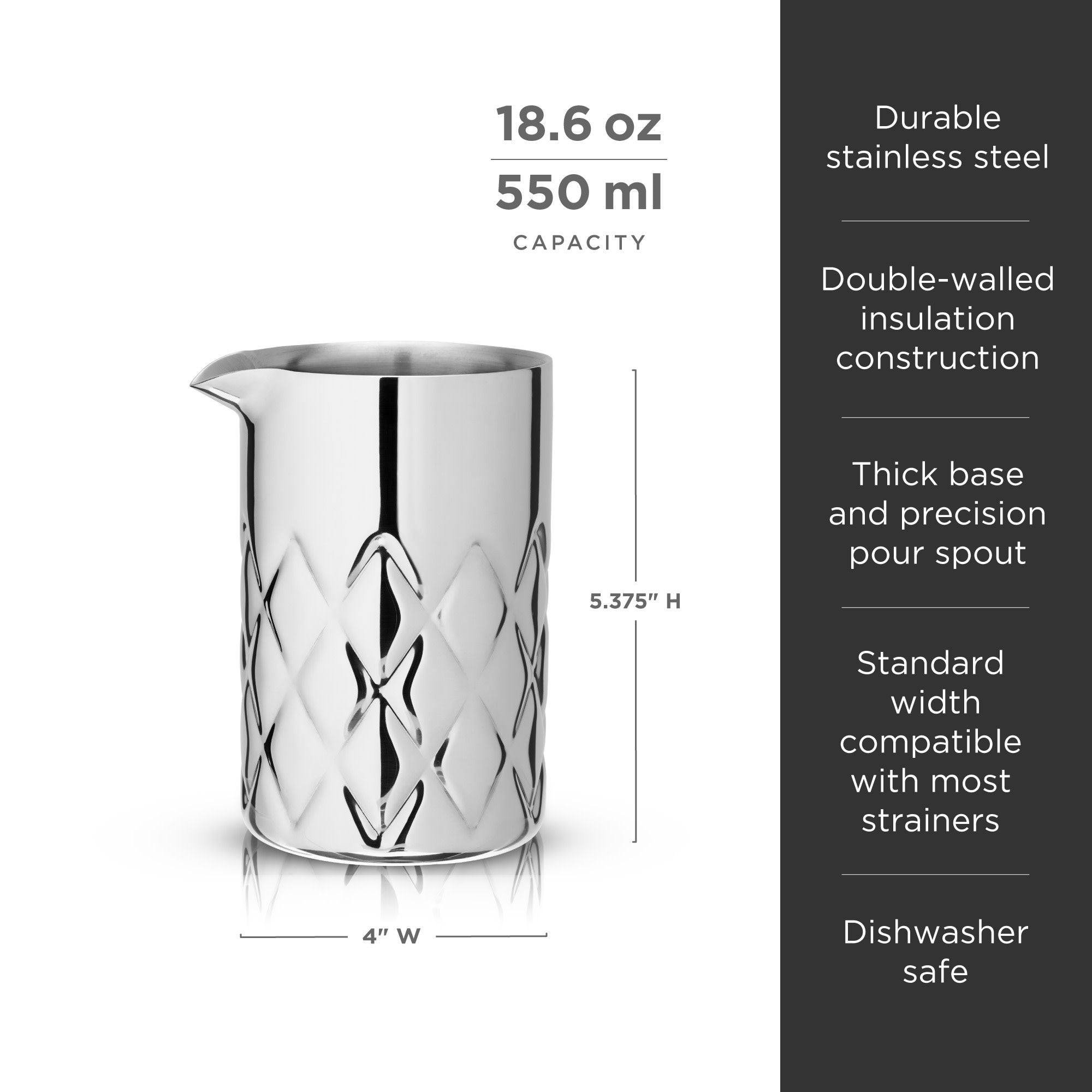 Premium Admiral Stainless Steel Double Wall Mixing Glass - 16oz Cocktail Mixing Cup with Spout for Bar, Home & Professional Bartenders - Perfect for Mixing Martinis, Old Fashioned & Craft Cocktails