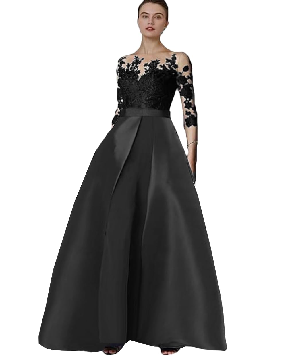 VENNYNG Women's Elegant Formal Jumpsuit with Satin Overskirt & Lace Applique - 2024 Mother of The Bride Pant Suit for Wedding Guest, Evening Gala & Special Occasions