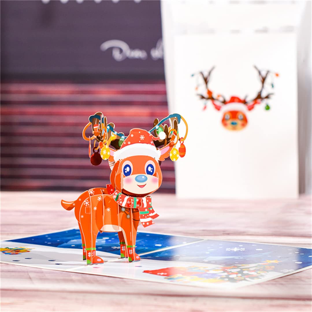 10 Pack 3D Pop Up Christmas Cards - Festive Holiday Greeting Cards with Reindeer Design for Kids, Perfect for Xmas & New Year Gifts, Party Favors, Classroom Activities & Family Celebrations