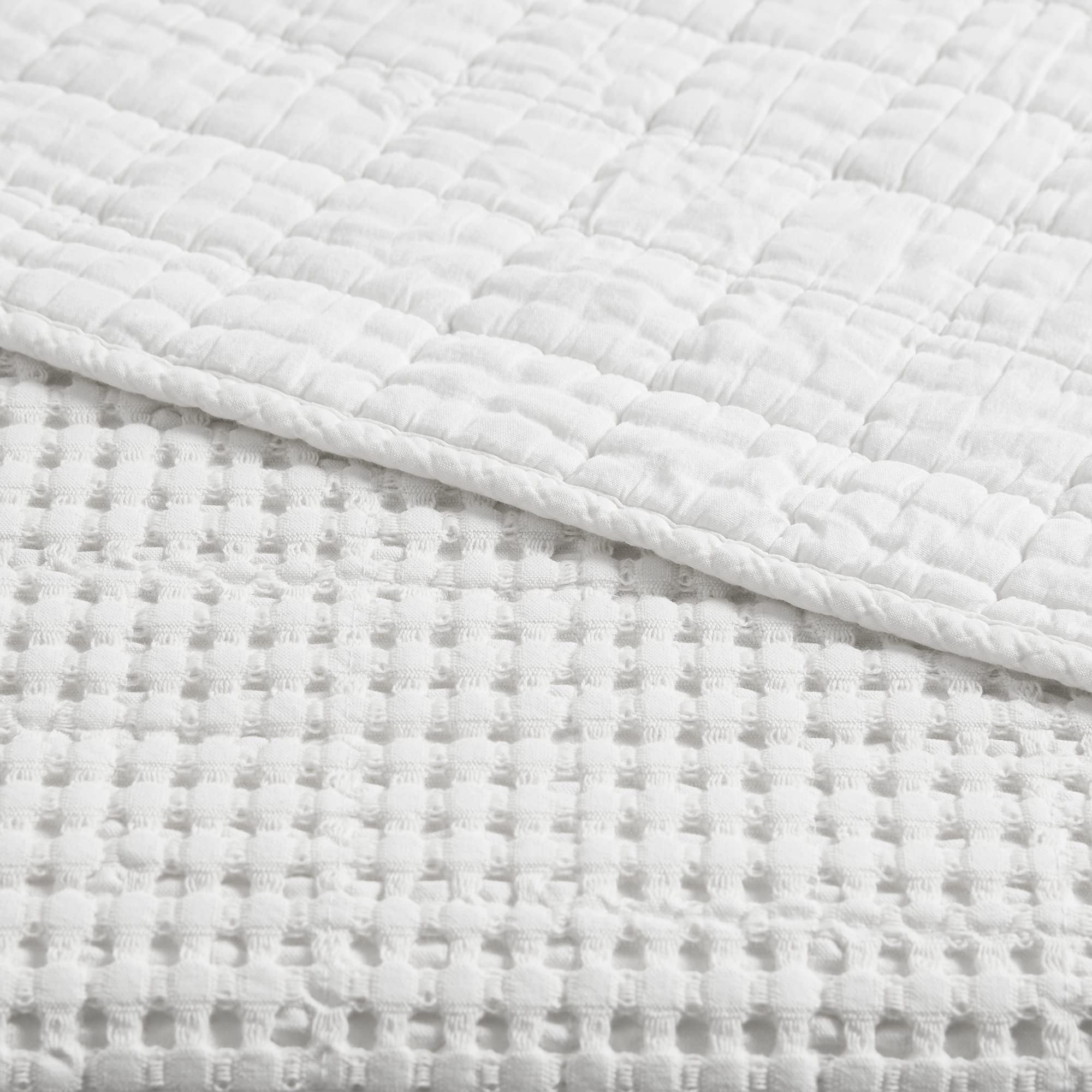 Levtex Home Mills Waffle Queen Quilted Bedspread Set - 100% Cotton Waffle Weave Bedding - Bright White (104