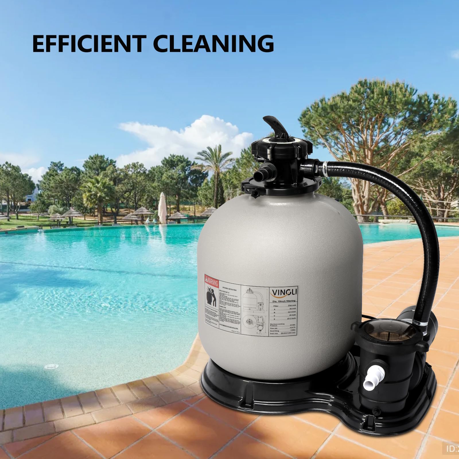 VINGLI 19 Inch Sand Pool Filter Tank - 3500 GPH High Flow Above Ground & Inground Swimming Pool Filter System | Perfect for Backyard Pools, Water Filtration & Maintenance