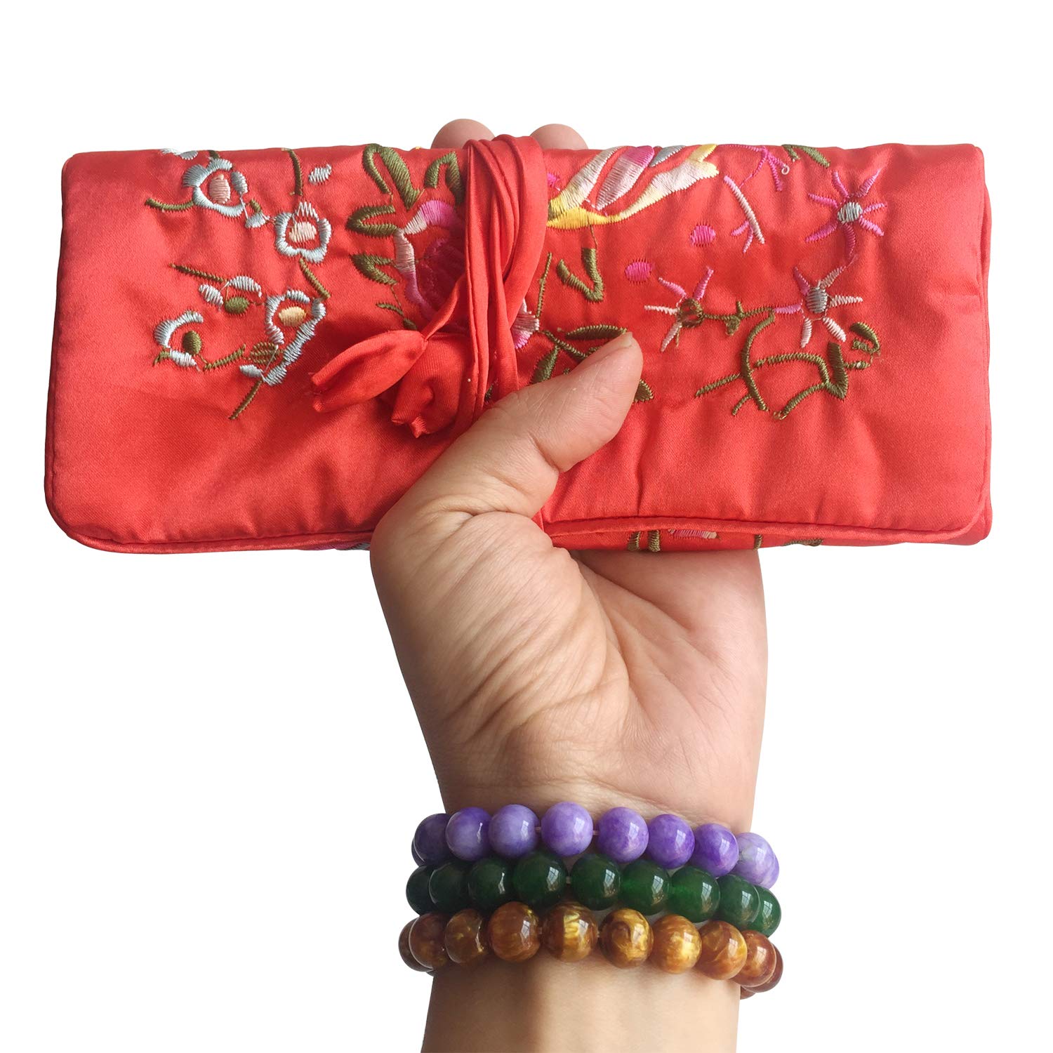 Silk Embroidery Jewelry Travel Organizer Roll Case - Elegant Brocade Pouch with Tie Closure (Red) | Perfect for Necklaces, Bracelets & Earrings on Trips, Vacations & Daily Storage