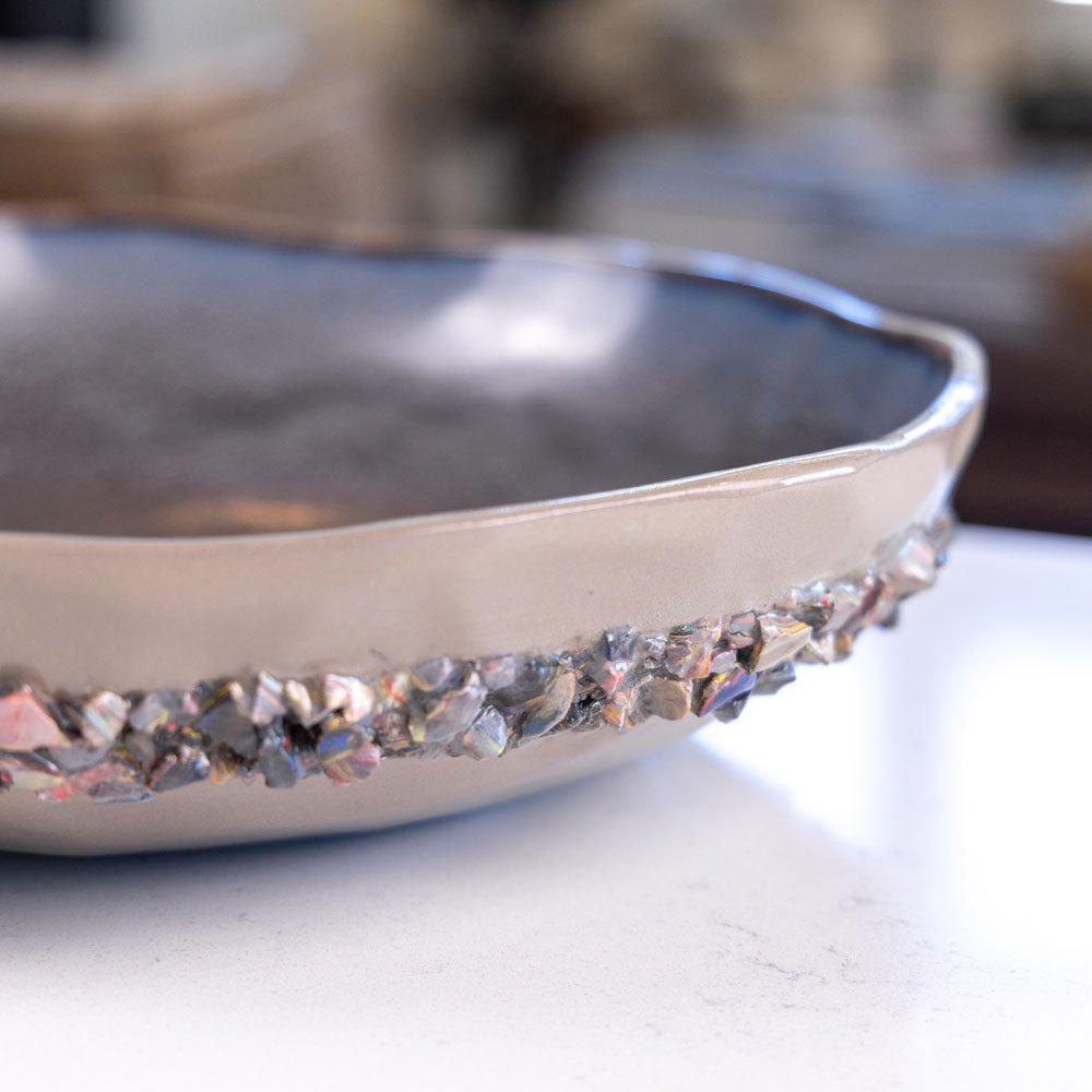 XXL Stoneware & Porcelain Decorative Serving Abstract Bowl - Gray with Rainbow Ring - Large Handcrafted Centerpiece for Dining Table, Kitchen Counter, or Home Décor