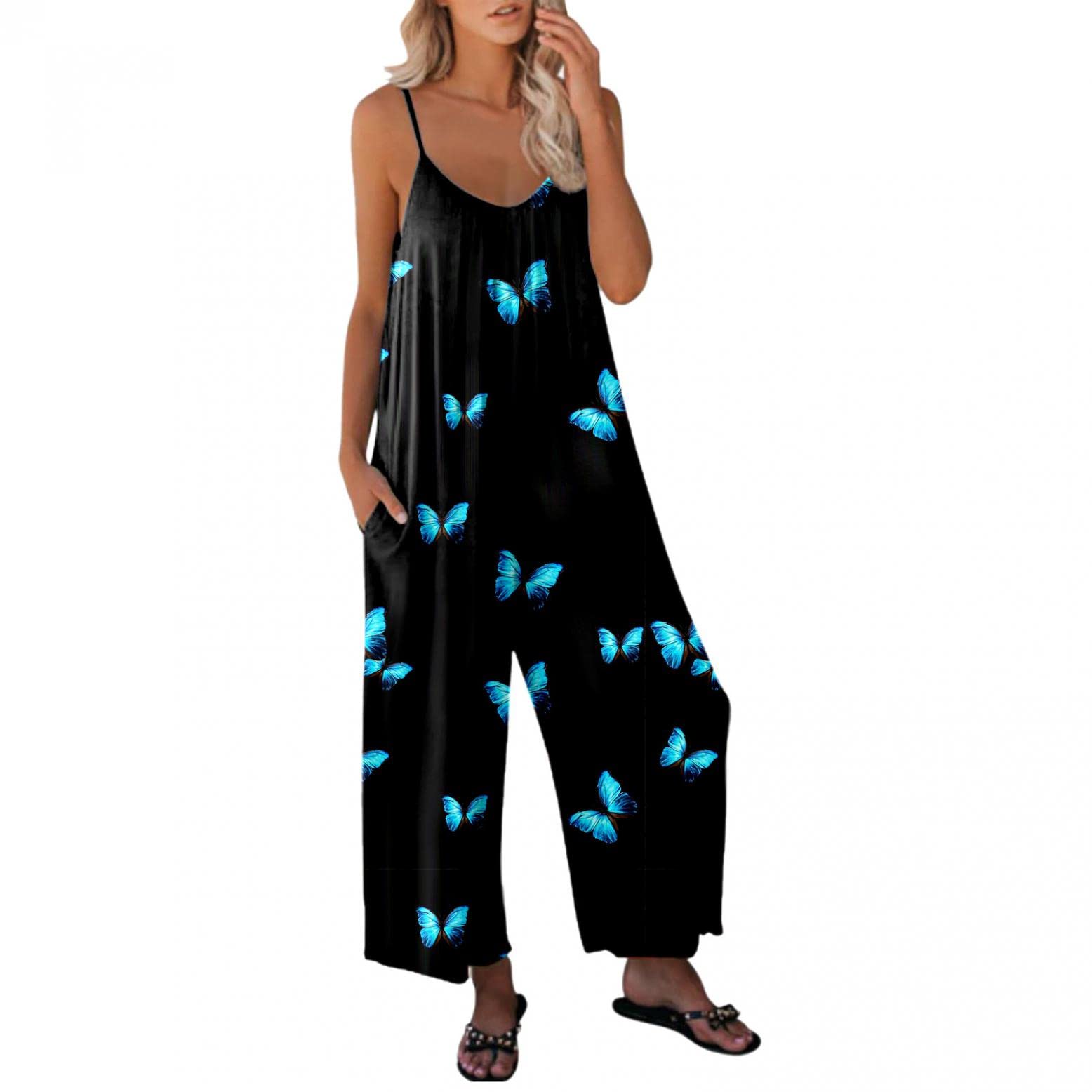Women's Floral Print Sleeveless Jumpsuit - Casual Summer Romper with Pockets, Adjustable Straps & Loose Fit Long Pants | Perfect for Beach Outings, Vacation Wear & Everyday Comfort