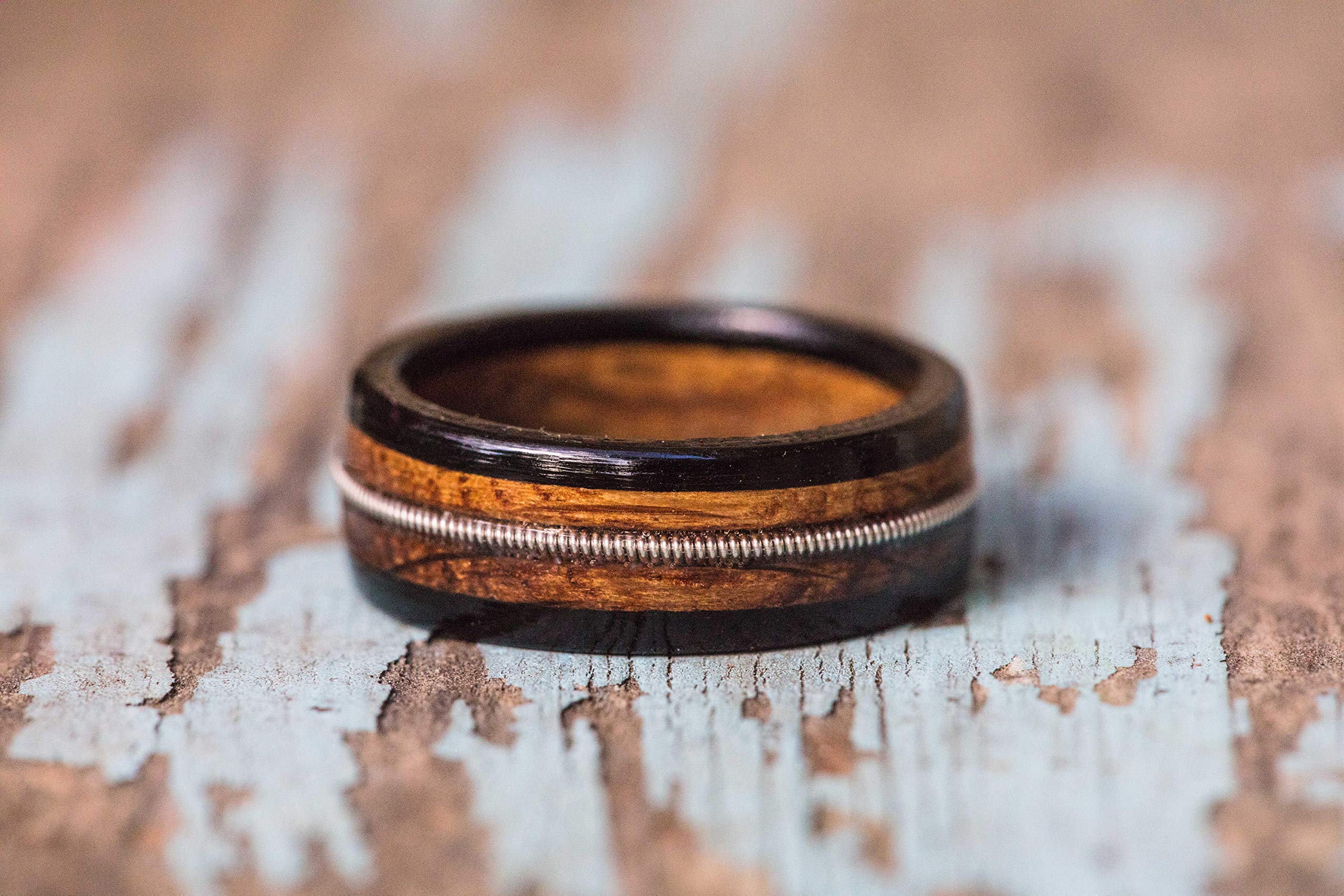 Handmade Whiskey Barrel Guitar String Ebony Wood Ring for Men - Unique Rustic Wedding Band, Anniversary Gift for Him - Perfect for Musicians, Bourbon Lovers & Outdoor Enthusiasts