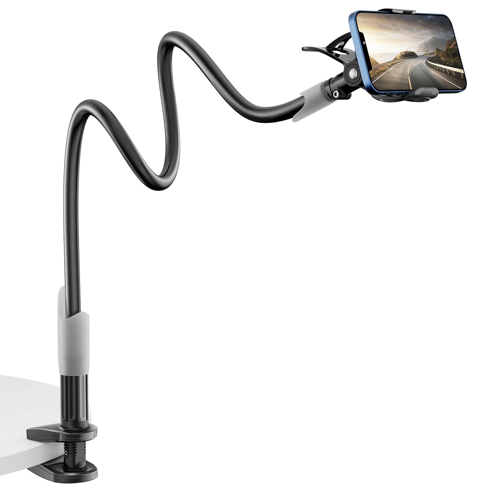 SAIJI Adjustable Gooseneck Phone Holder - Flexible Long Arm Phone Mount for Desk, Clip Stand Compatible with iPhone, Samsung, 4.0-6.5