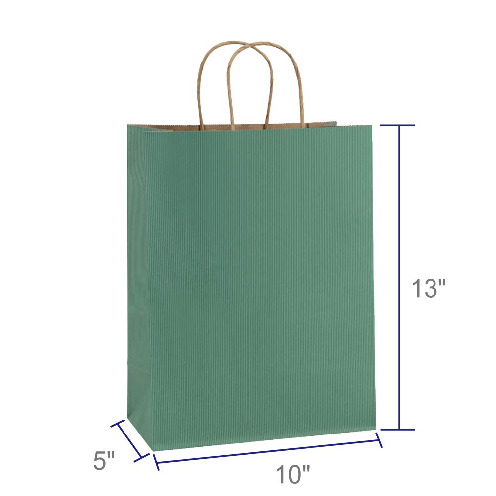 Eco-Friendly 25-Pack 10x5x13 Inch Green Striped Kraft Paper Shopping Bags with Handles - 100% Recycled Retail Merchandise Bags for Parties, Gifts, Boutique & Grocery Stores | Sustainable Packaging Solution