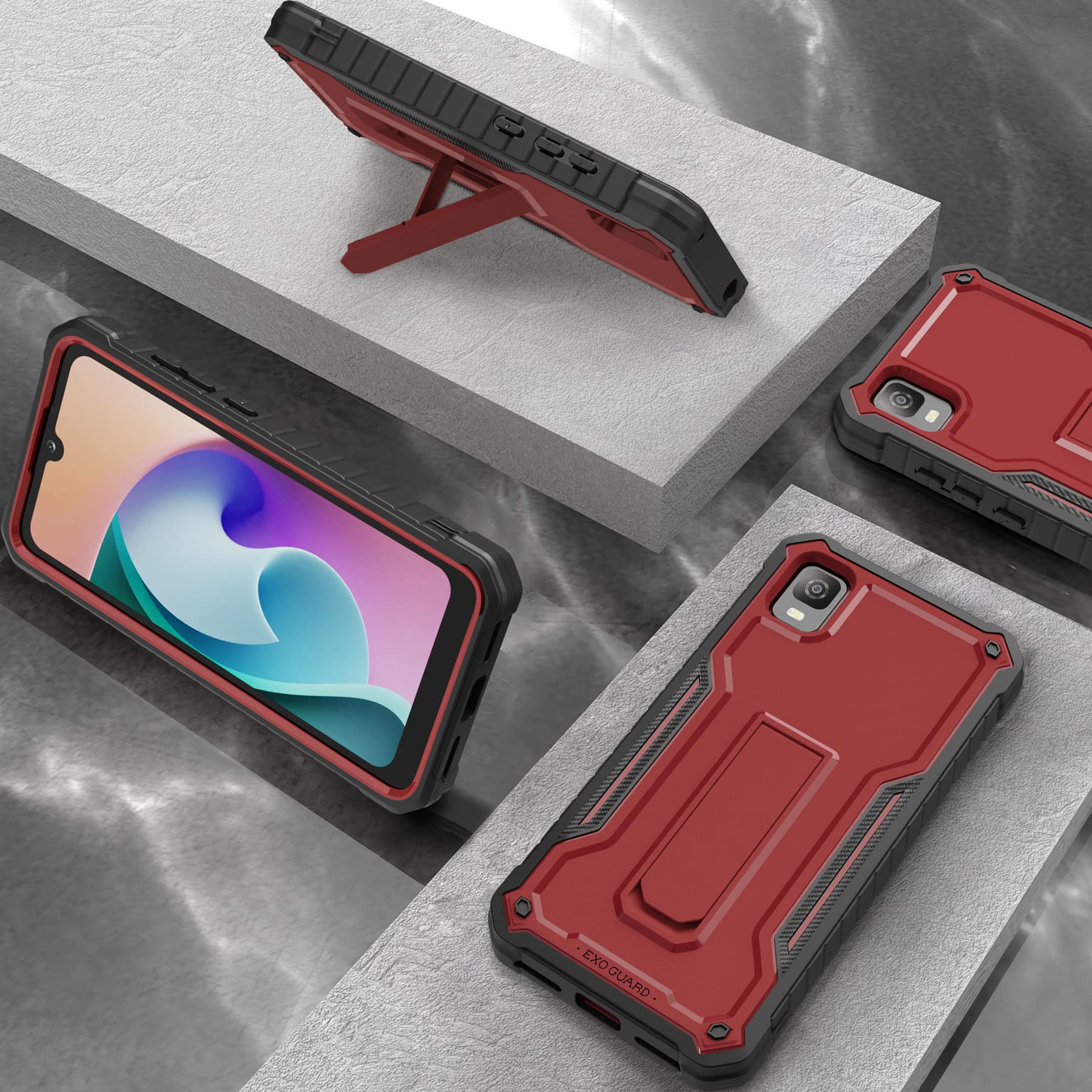 Shockproof Full-Body Case for TCL 30Z & TCL 30 LE with Tempered Glass Screen Protector & Kickstand - Durable Rubber Phone Cover (Red) | Perfect for Outdoor Activities, Work & Daily Protection