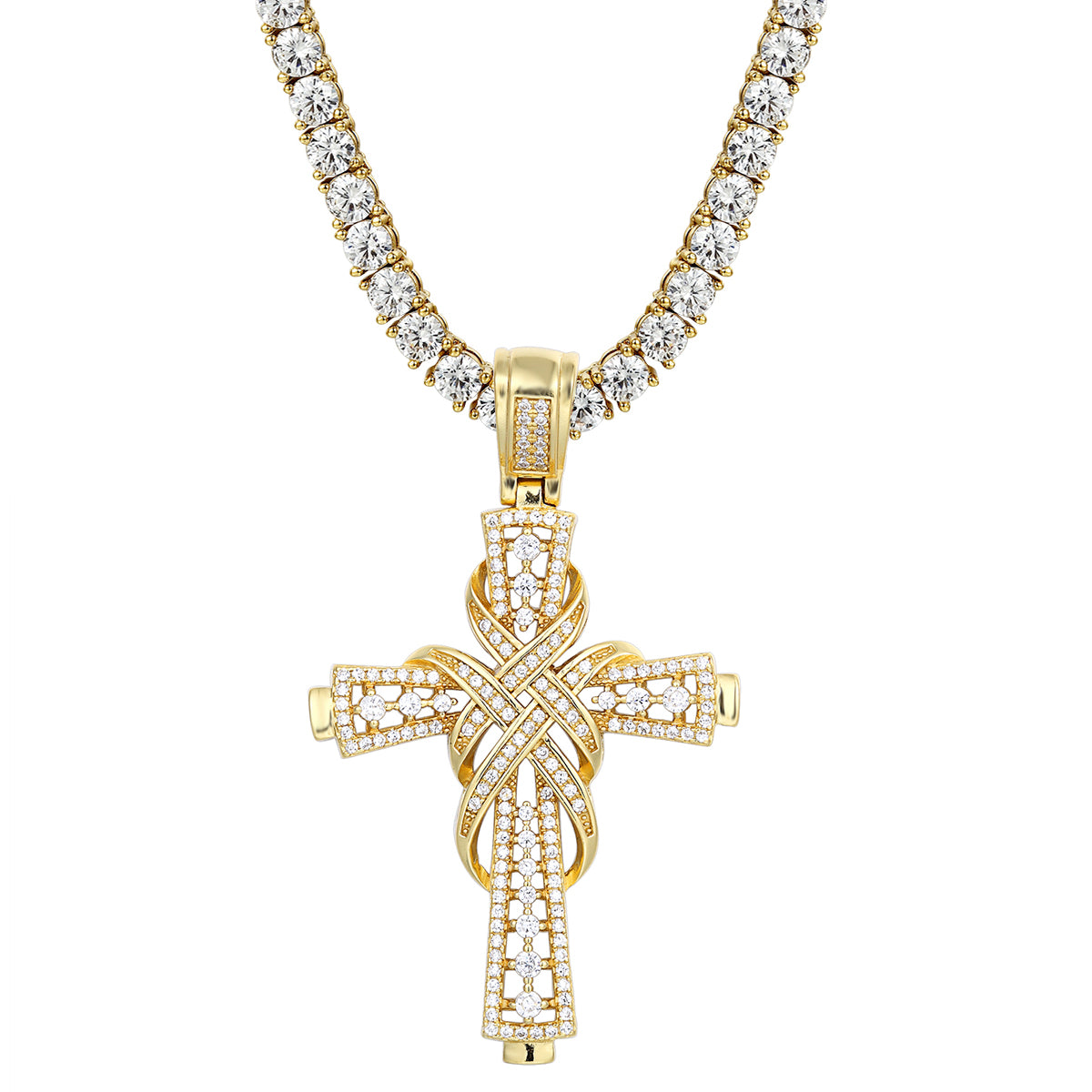 14k Gold Finish Solitaire Designer Ribbon Jesus Cross Pendant - Perfect for Religious Gifts, Baptism, First Communion & Everyday Faith Jewelry