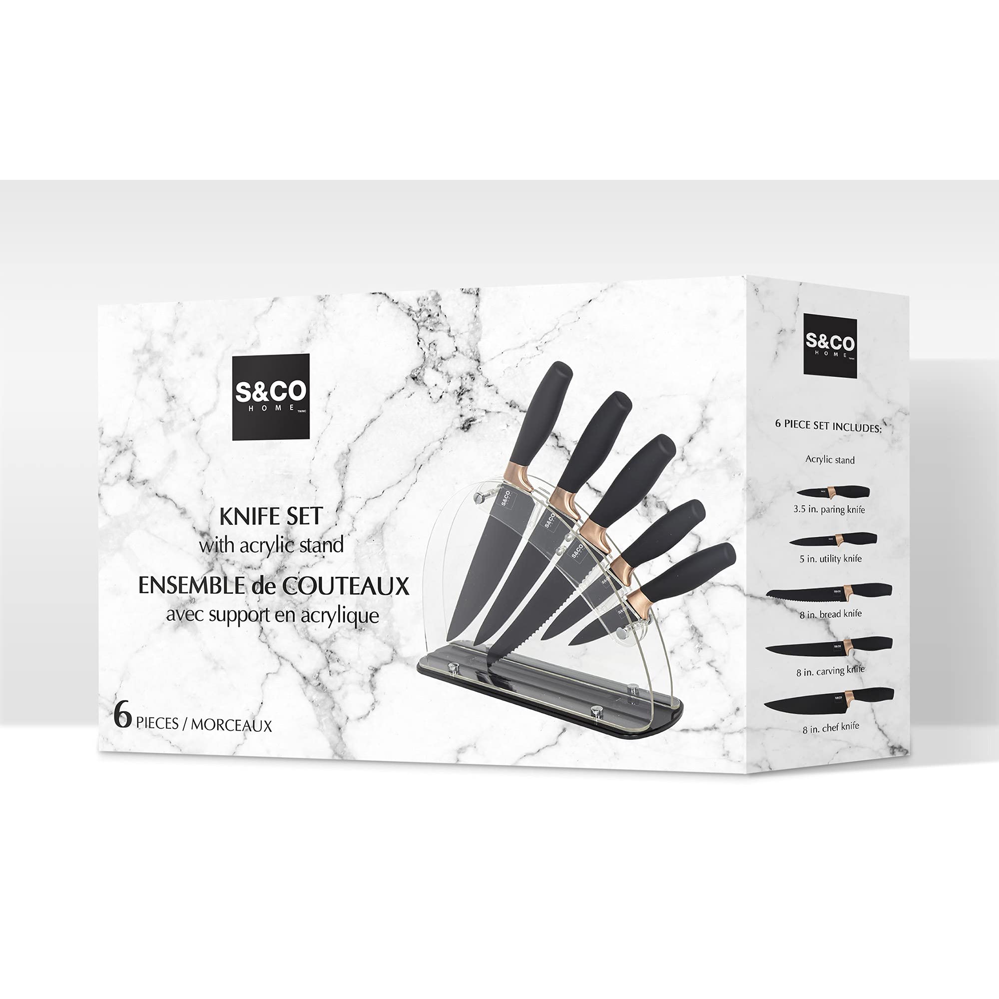 Premium 6-Piece Kitchen Knife Set with Acrylic Block - Ultra Sharp Stainless Steel Knives with Non-Stick Coating - Chef, Bread, Carving, Utility & Paring Knives - Elegant Black & Rose Gold Handles - Perfect for Home Cooking, Professional Chefs & Gift Giving