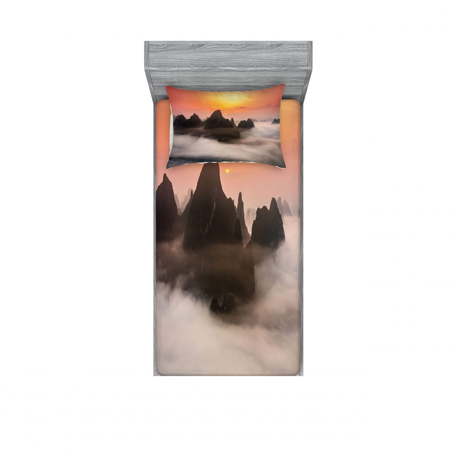 Ambesonne 2-Piece Twin Fitted Sheet Set with 2 Pillow Shams - Misty Clouds Mountain Design in Orange & Brown | Soft Bedding Decor for Guest Rooms, Dorms & Vacation Homes