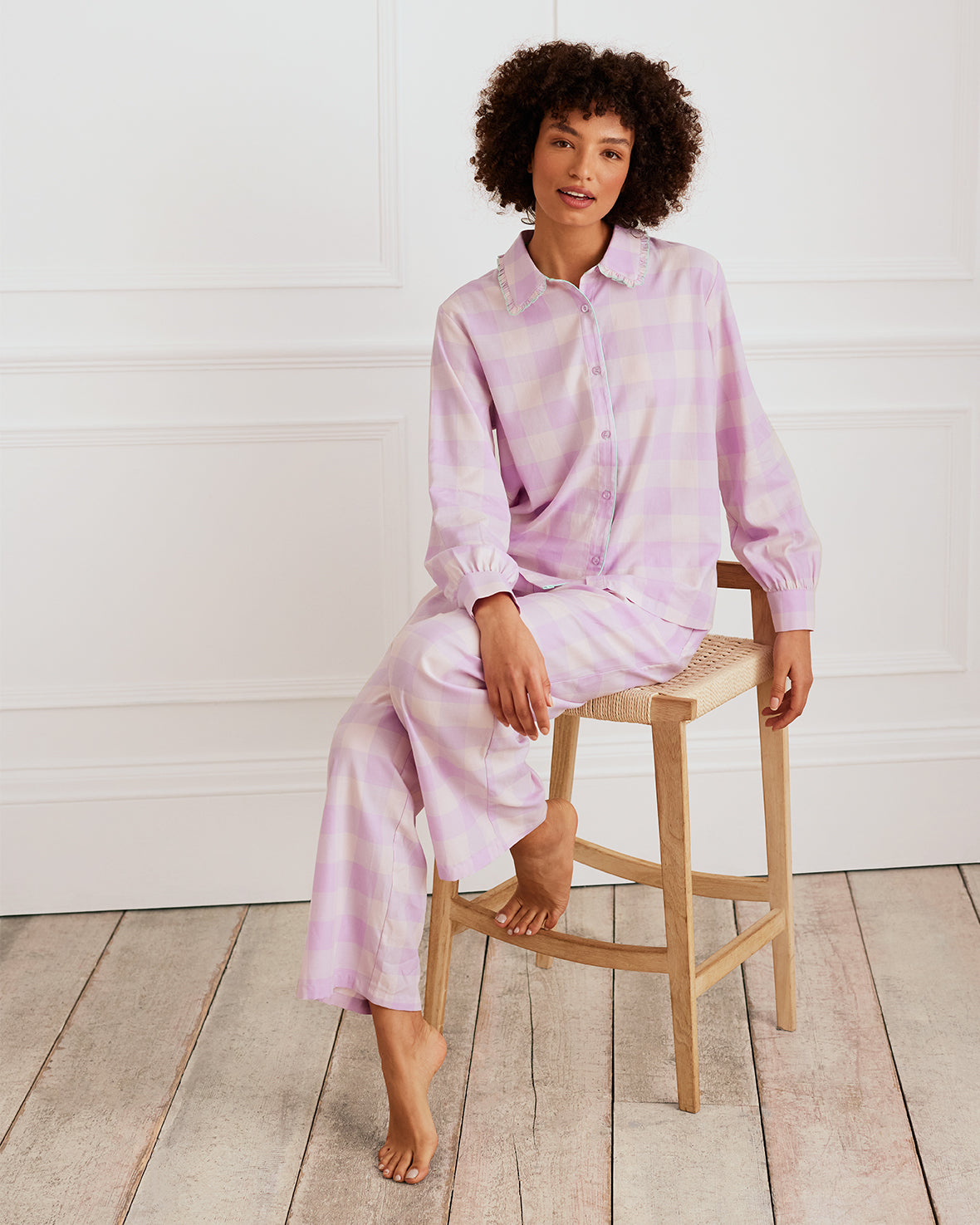 Organic Cotton Gingham Frill Long Pajama Set for Women - Soft & Comfortable Sleepwear - Perfect for Nighttime Relaxation & Lounging