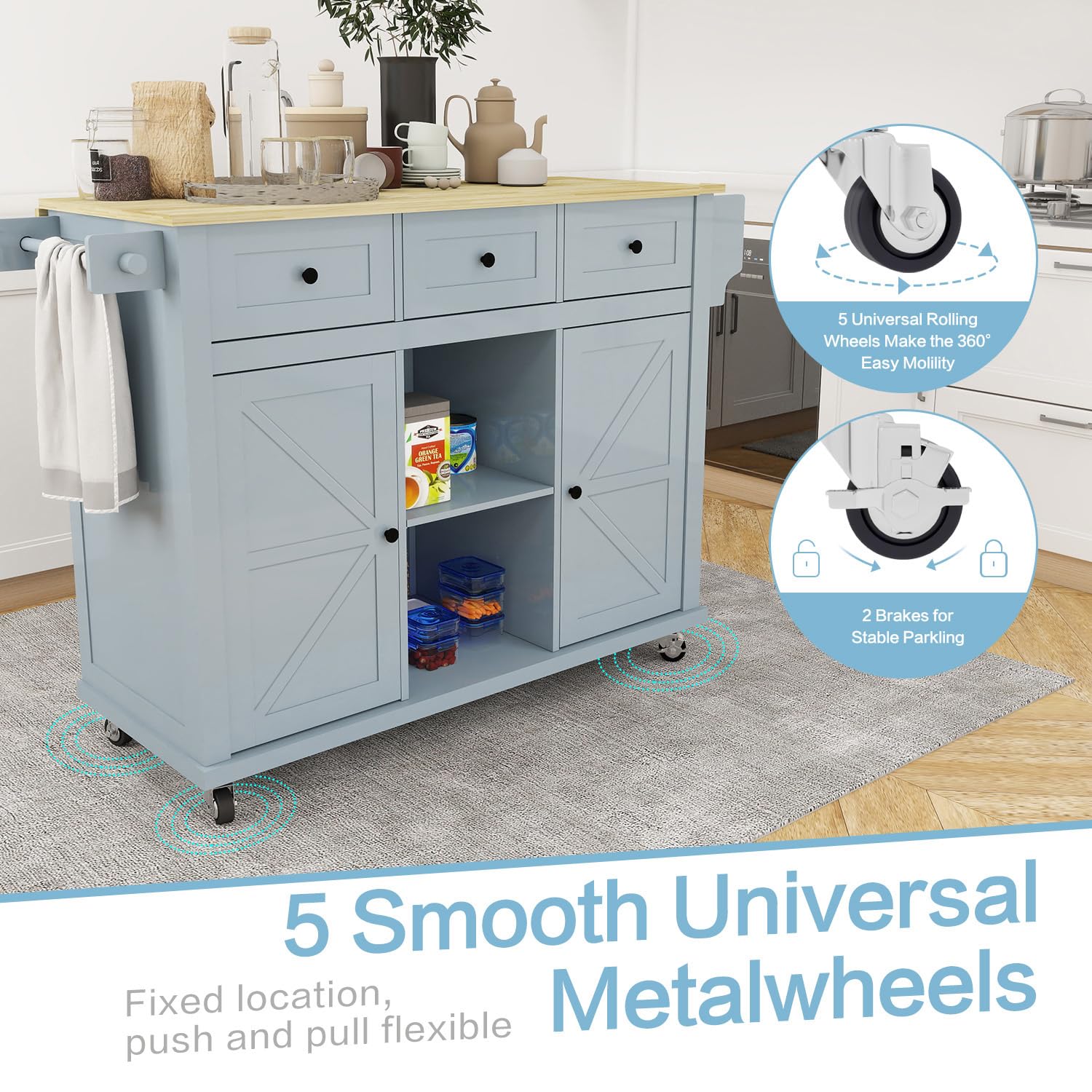 Rolling Kitchen Cart with Storage & Drop Leaf - Grey Blue for Cooking & Dining