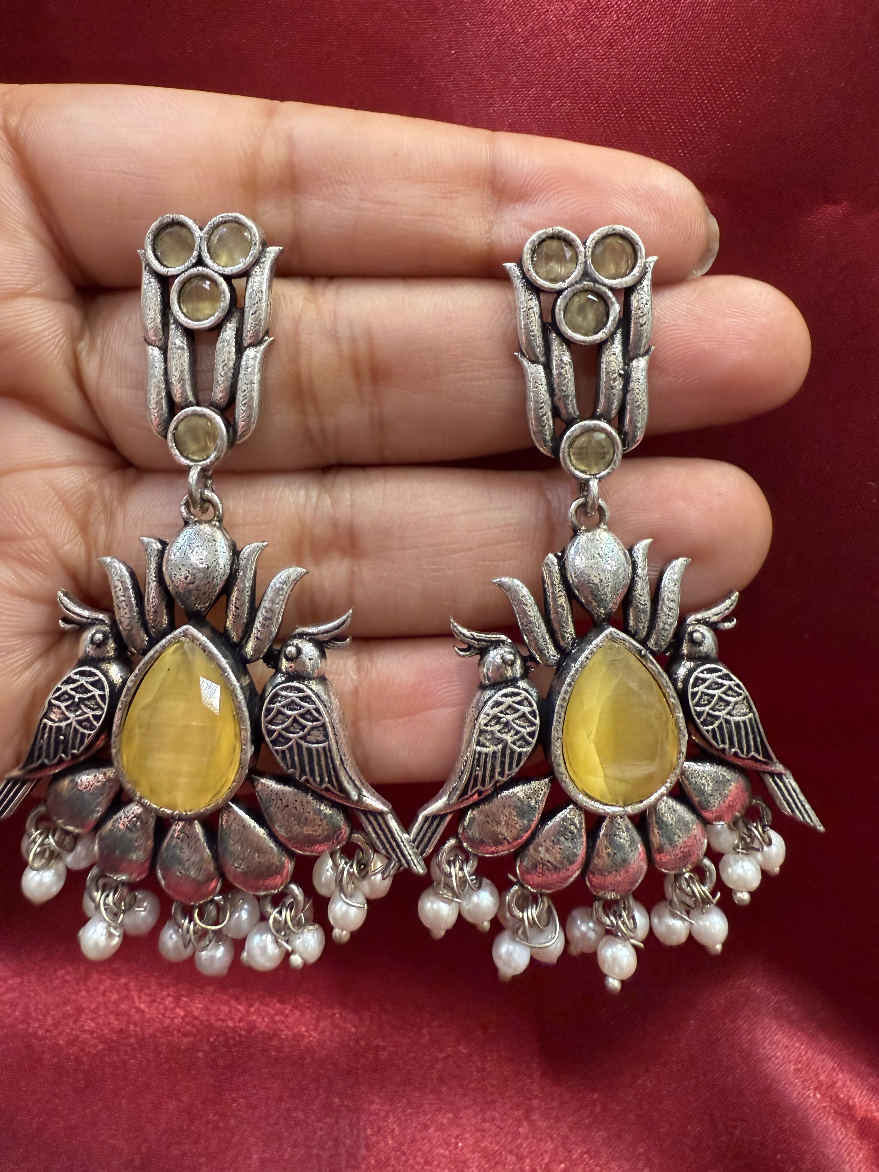 Elegant Light Yellow Oxidized Beaded Bird Design Earrings for Women - Perfect for Parties, Weddings & Everyday Wear