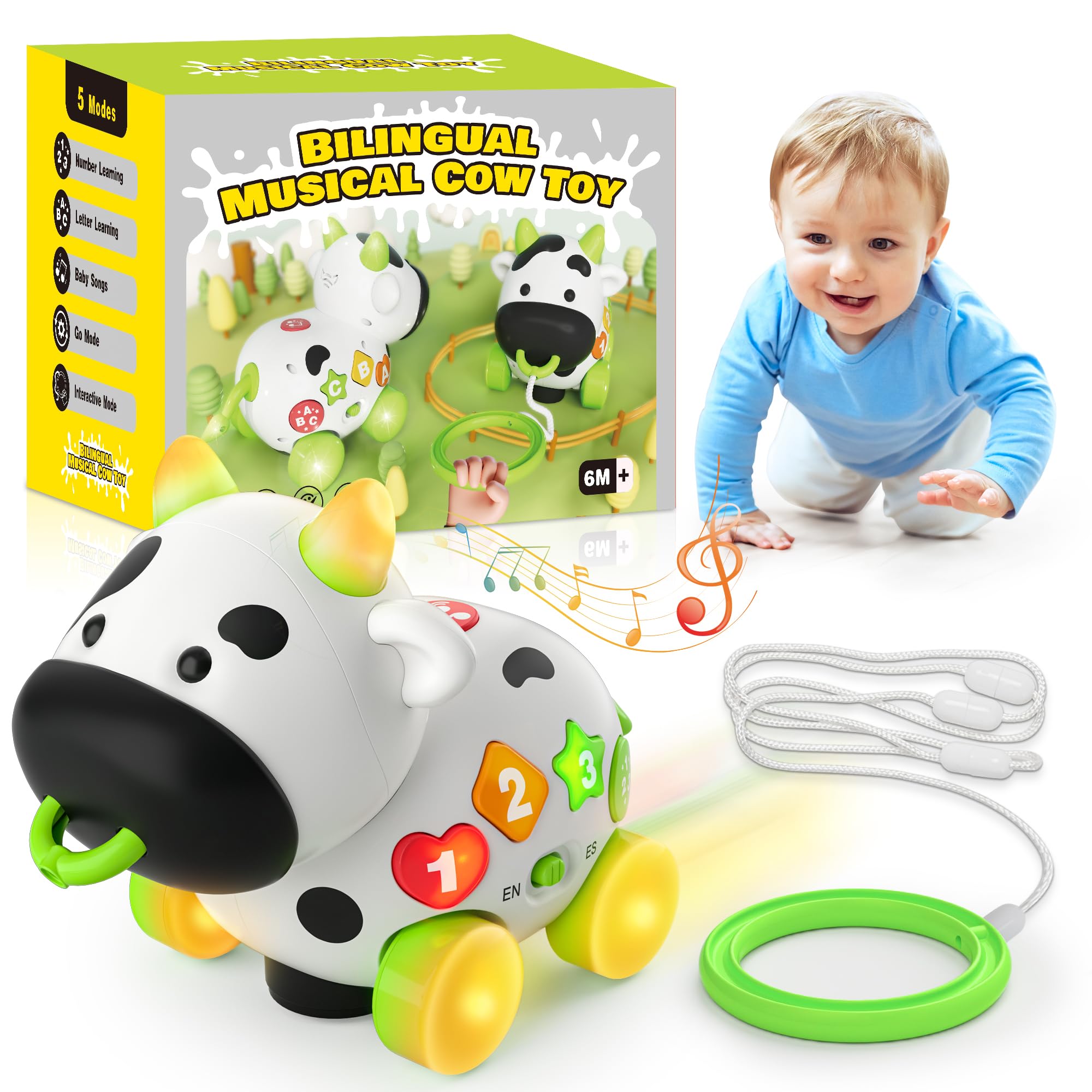 Musical Cow Baby Toys for 6-18 Months | Bilingual Educational Toddler Toy for 1-2 Year Olds | First Birthday Gift for Boys & Girls | Perfect for Sensory Play, Early Learning & Nursery Decor