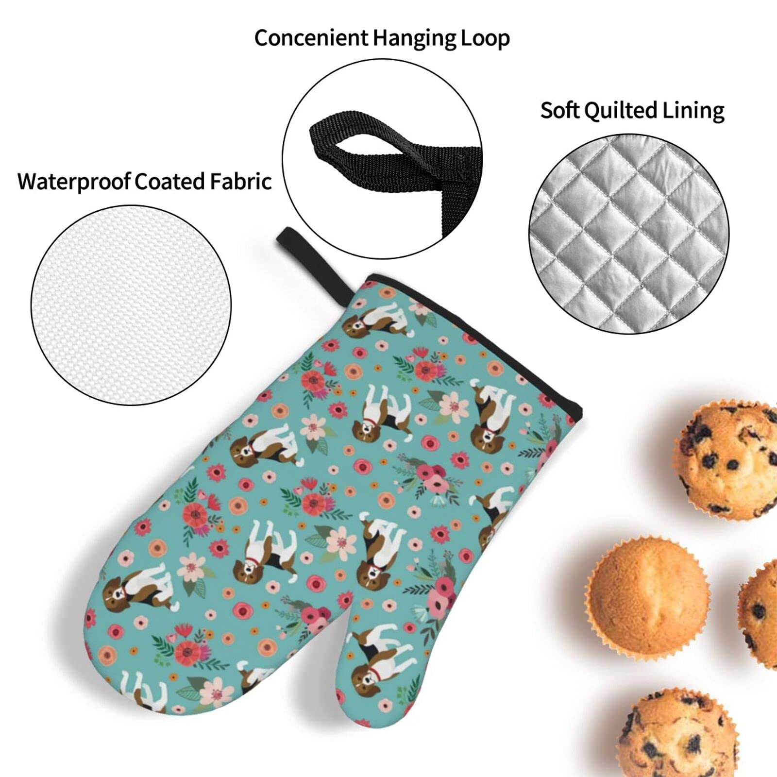 Heat Resistant Beagle 4-Piece Oven Mitts and Pot Holders Set - Non-Slip Kitchen Gloves with Cotton Lining for Cooking, Baking, BBQ & Grilling - Perfect for Home Kitchen, Outdoor Camping and Holiday Gift Giving