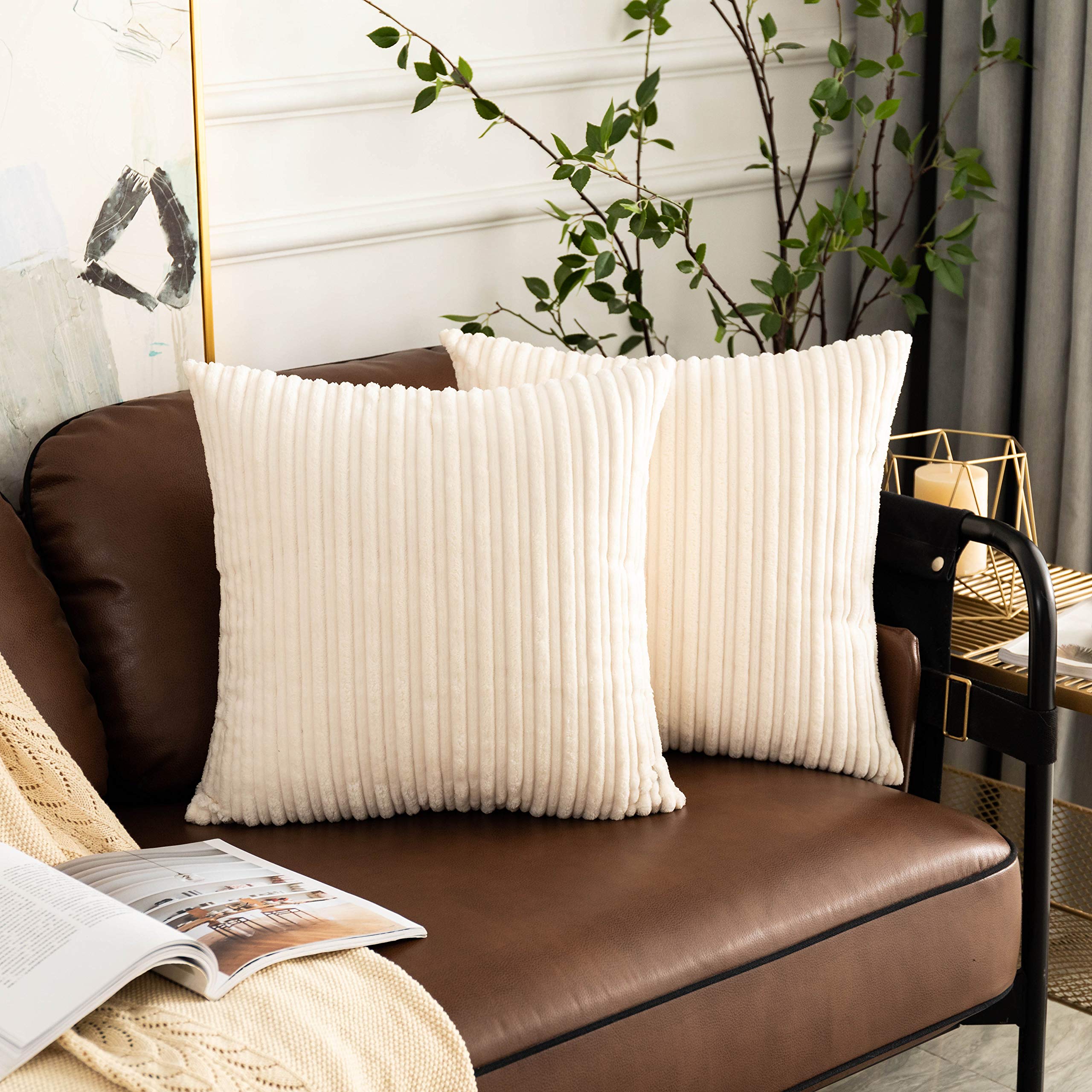 UGS UGASA Corduroy Striped Velvet Pillow Covers - 2 Pack 20x20 Inches (50x50cm) - Soft Decorative Cushion Covers for Sofa, Couch, Bedroom - Cream - Perfect for Home Decor, Living Room Accents & Cozy Bedding