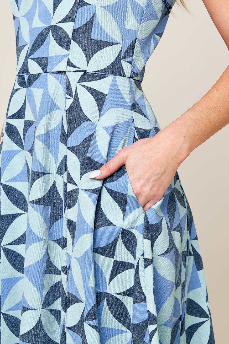 GWENNY Geometric Blue Denim Midi Dress - Stylish Casual & Party Wear for Women | Perfect for Office, Date Night & Summer Outings