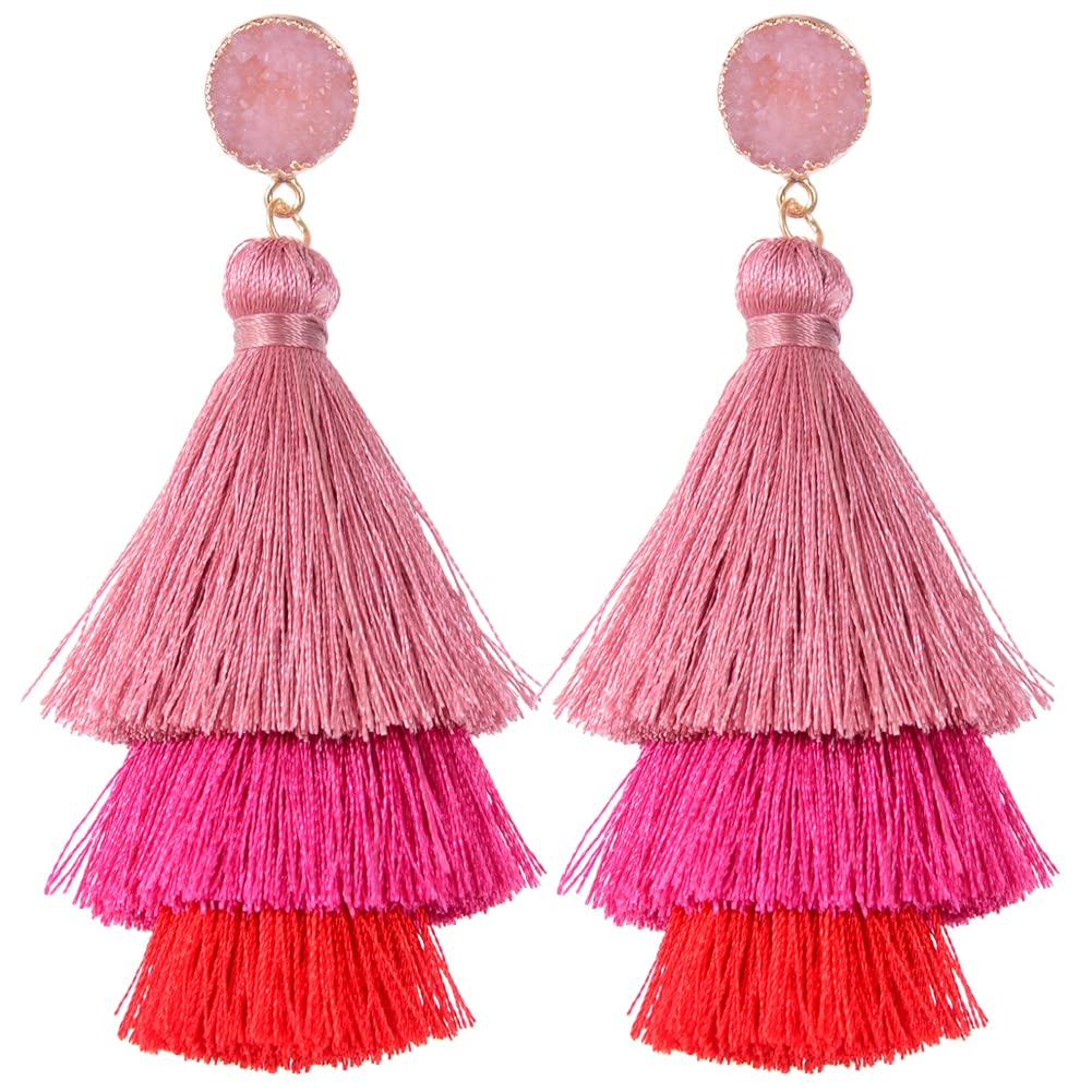 Bohemian Layered Tassel Dangle Earrings - Acrylic Rose Petal Drop Earrings for Women | Holiday Party, Festival, Costume Jewelry Gift | Perfect for Weddings, Date Nights & Special Occasions