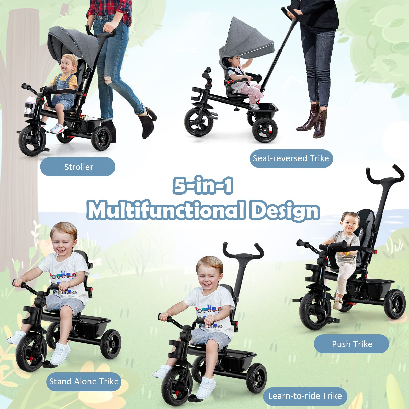 BABY JOY 5-in-1 Toddler Tricycle with Removable Push Handle, Reversible Seat & Adjustable Canopy - EVA Wheels, Cup Holder & Storage - Perfect First Bike for Kids 1.5-5 Years Old (Grey) - Great for Outdoor Play, Park Rides & Learning Balance